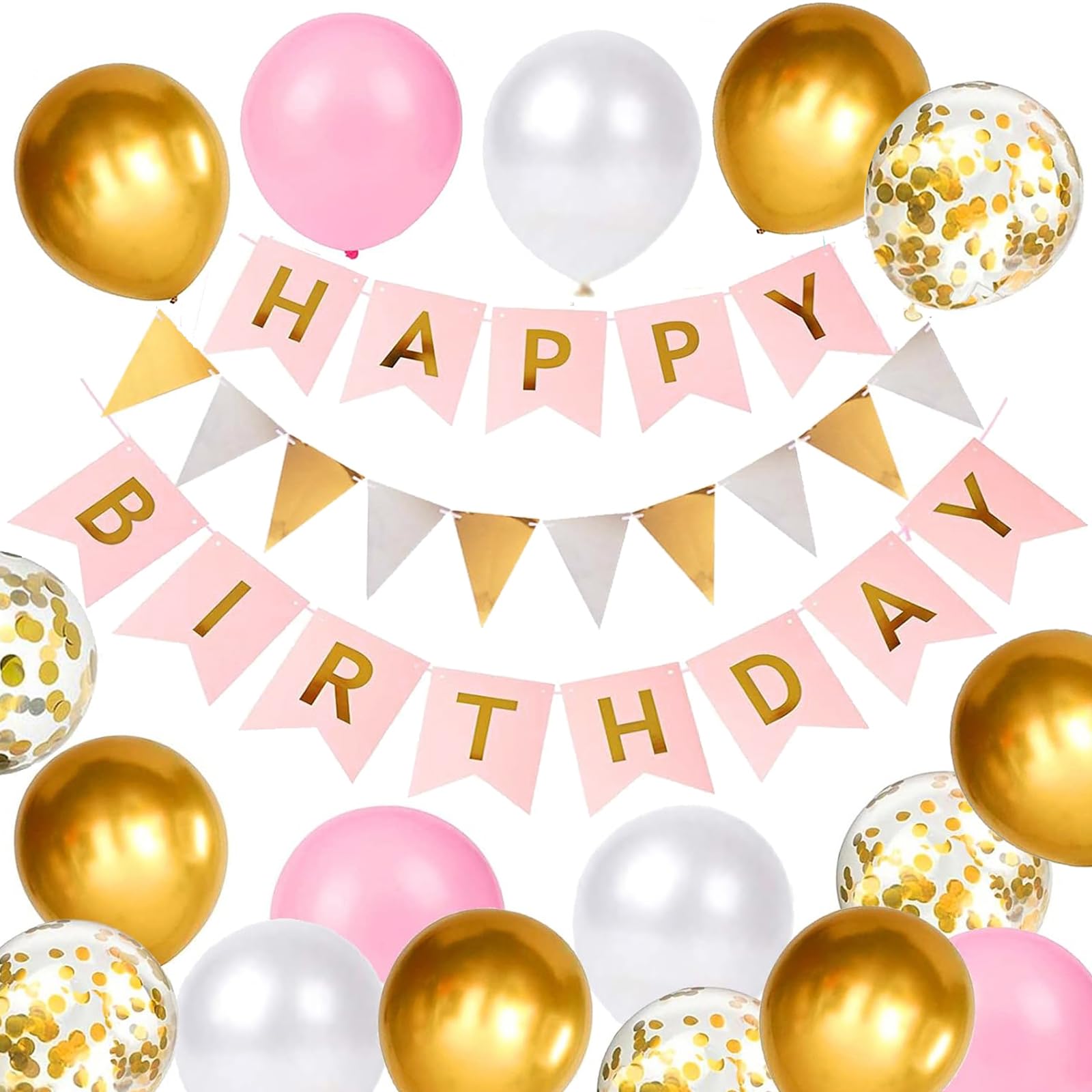 Happy Birthday bunting Banner balloons, Pink and Gold Birthday Decoration 16pcs Happy Birthday Balloons, Ribbons and Birthday Banners, Happy Birthday Decorations（Gold&Pink+SJQ） — image 1