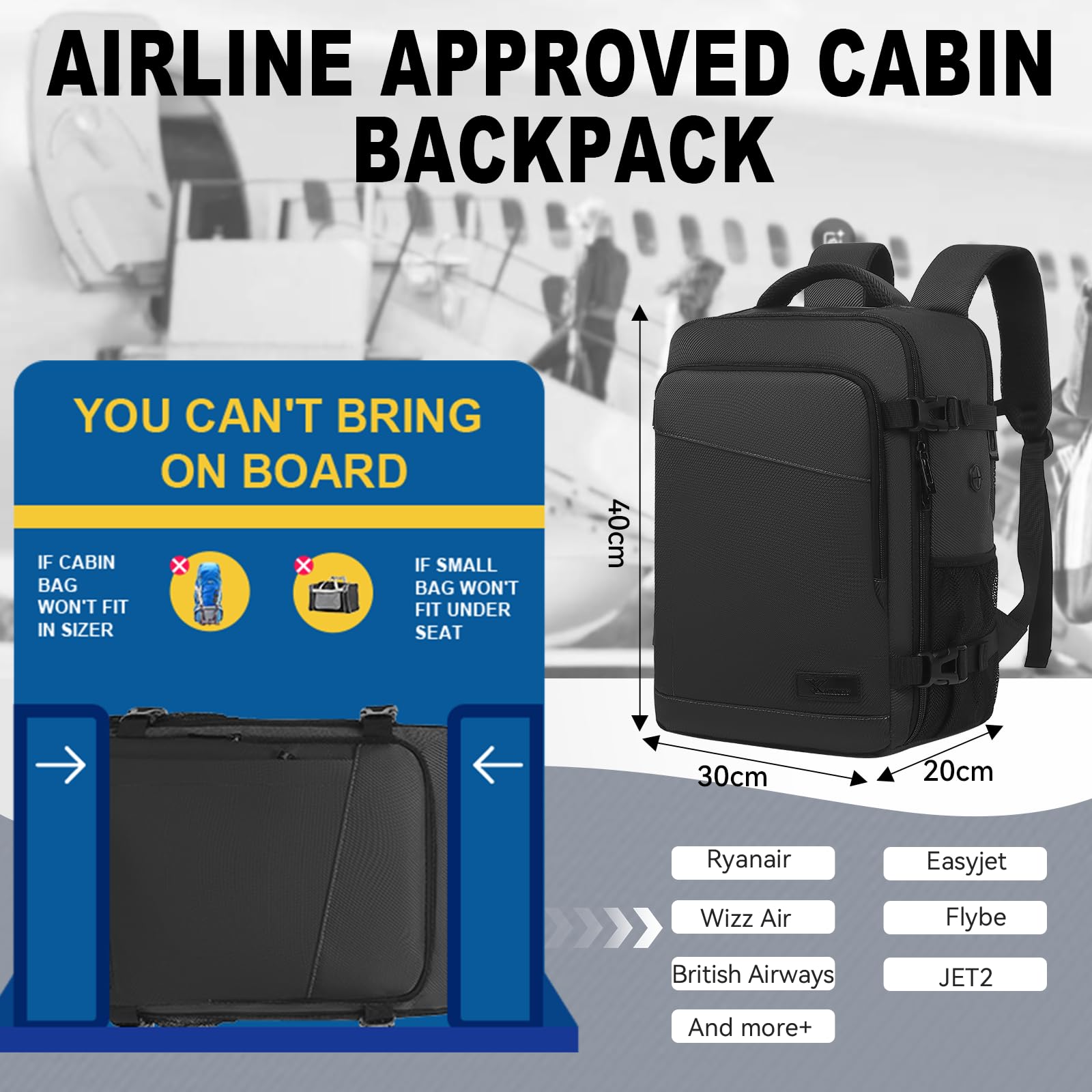 Yankony Mochila Viaje Cabina Avion 40x20x25 para Ryanair Travel Backpack 20L con Compartimiento para Portátil de 14 Pulgadas Impermeable y Antirrobo Equipaje De Mano Hombre Mujer