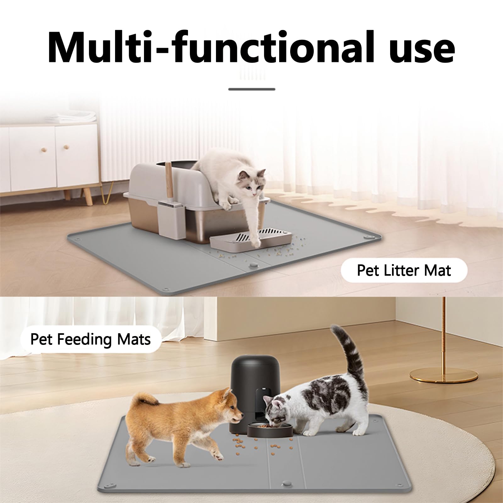 Support en silicone avec ventouses, hauteur réglable, étanche, bac à litière antidérapant pour tapis jetables/lavables, protection de sol et de mur (pliable) (gris)