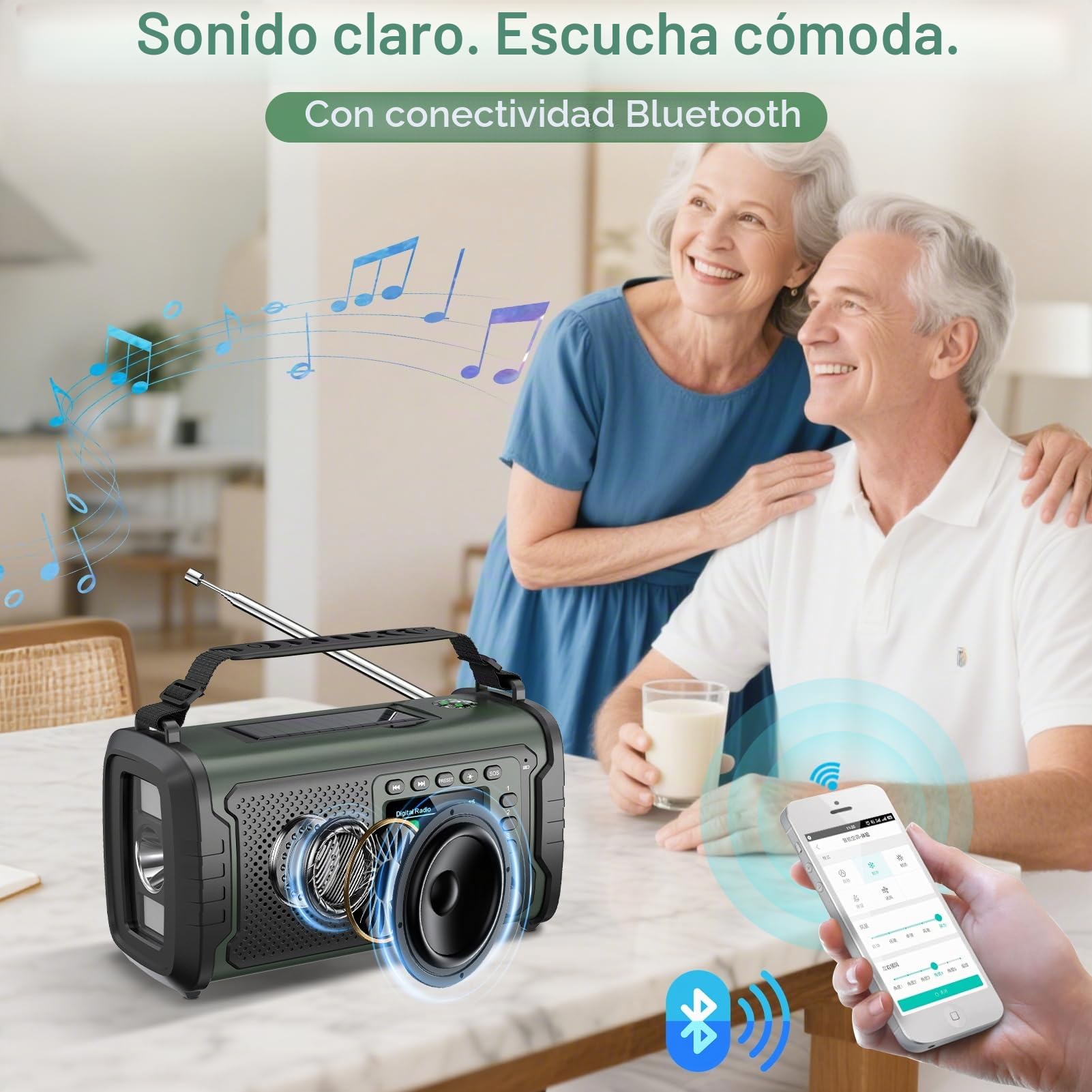 Radio de Emergencia Dab/Dab+ 27000 mAh con Manivela, Solar y Bluetooth 5.3 | Power bank, carga USB, SOS, linterna, luz lectura y brújula, para apagones, camping, autocaravana, Verde Militar