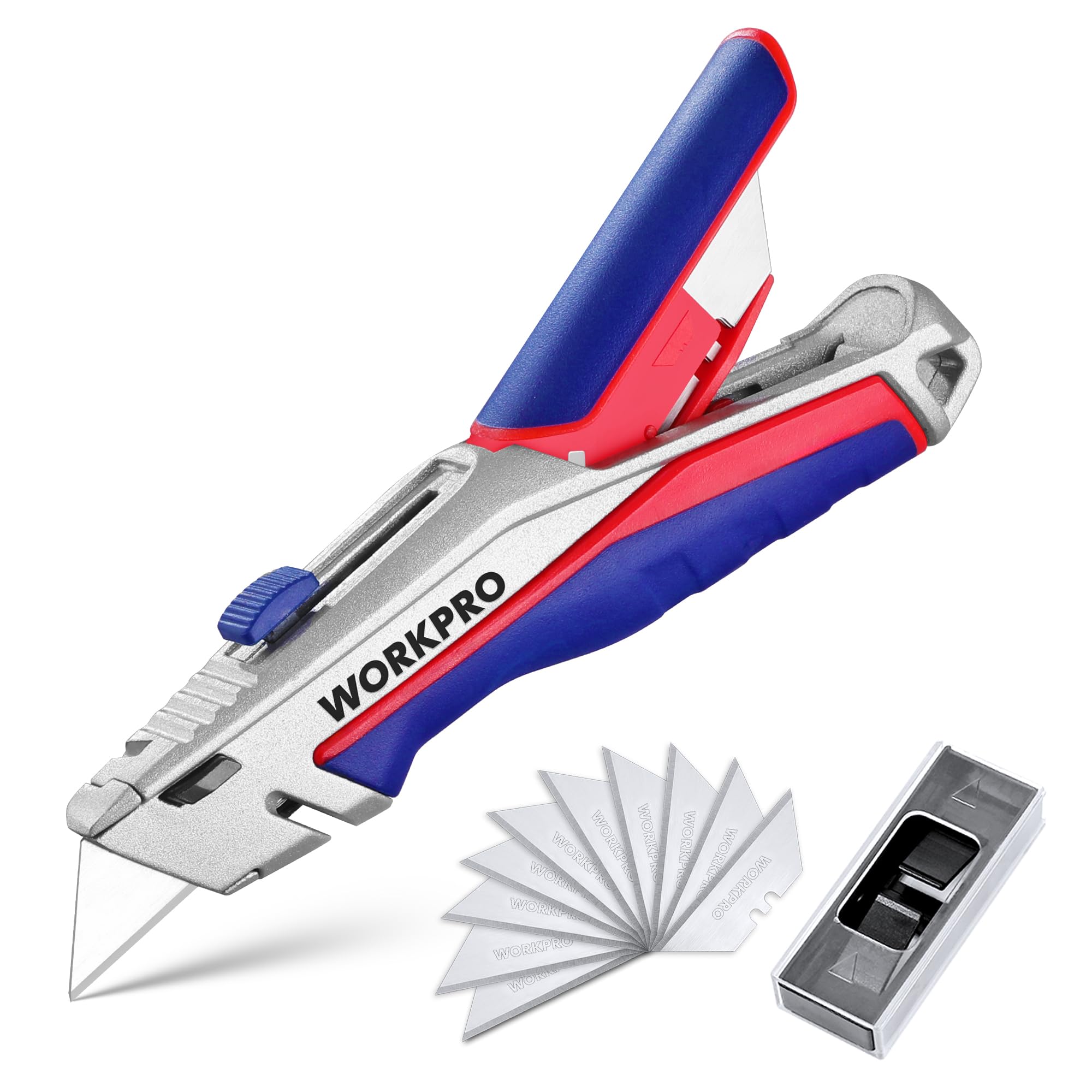 WORKPRO Cutter Professionnel en Alliage de Zinc avec Mécanisme de Changement Rapide, 4 Positions Réglables, Lames Trapèzes Réser