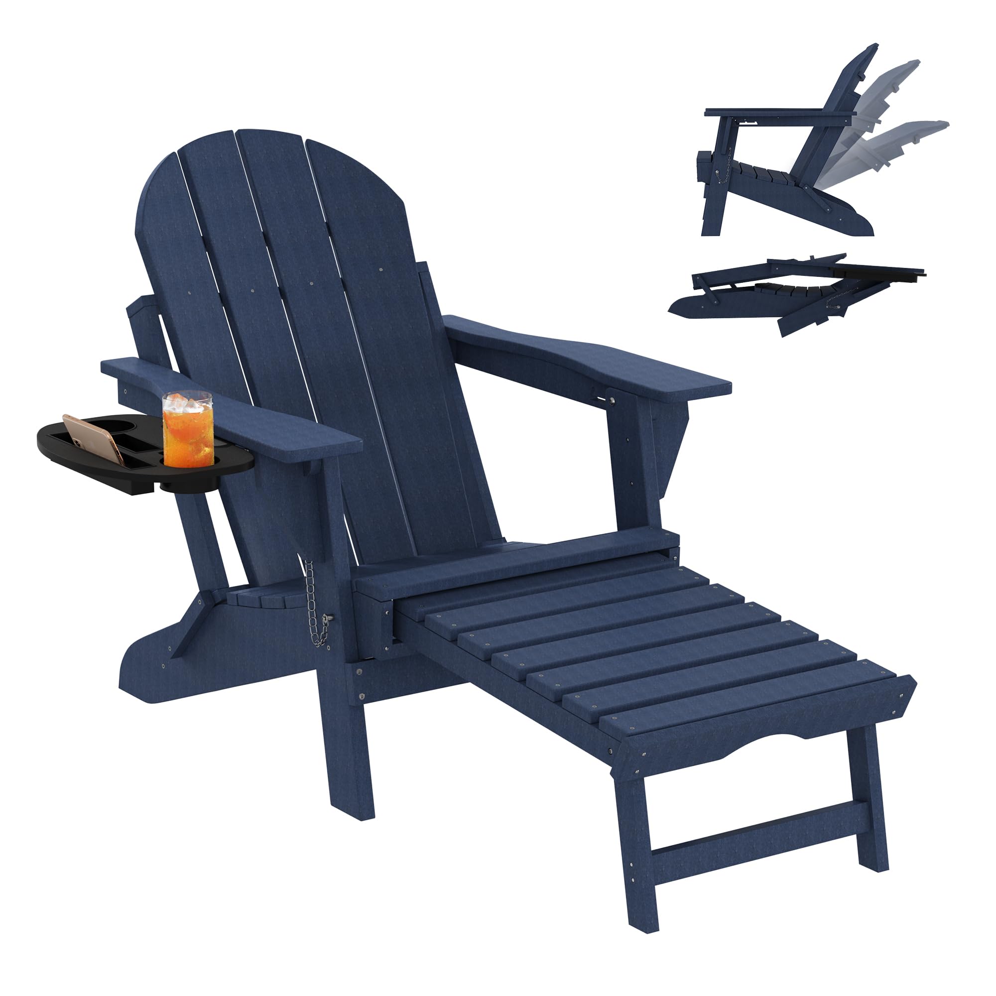 Aoxun Grey Adjustable Adirondack Chair, HDPE Weatherproof Outdoor Recliner Chair with Retractable Footrest, Cup & Phone Holder, Ergonomic Slatted Garden Armchair for Patio, Lawn, Balcony, Blue