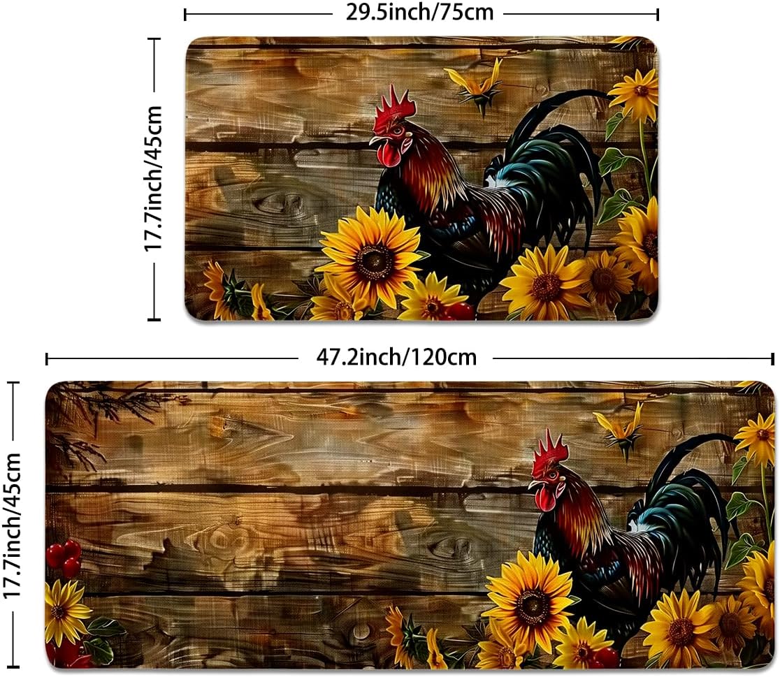 Rooster Kitchen Rugs Set of 2, Country Farmhouse Style Sunflower Kitchen Mats with Rubber Backing Non Skid Washable, Chicken Kitchen Decorations (17" x 29 + 17" x 47")
