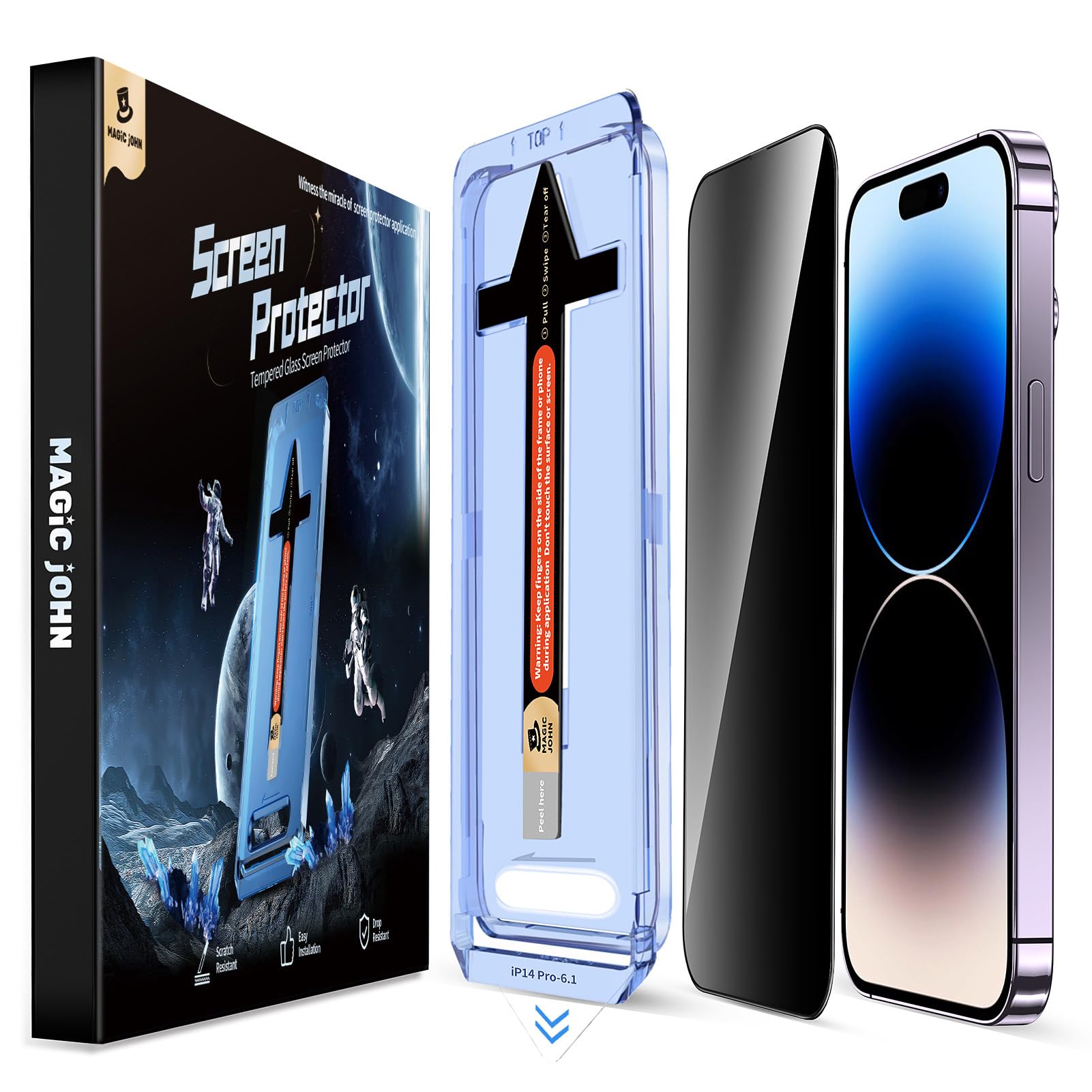 MAGIC JOHN für iPhone 14 Pro Sichtschutzfolie 2 Stück Einfache Installation | für iPhone 14 pro Schutzfolie (6,1 Zoll),28-Grad-schutzwinkel,9H, Auto-Dust-Eliminierung,Bläschenfrei,mit Installationshilfe