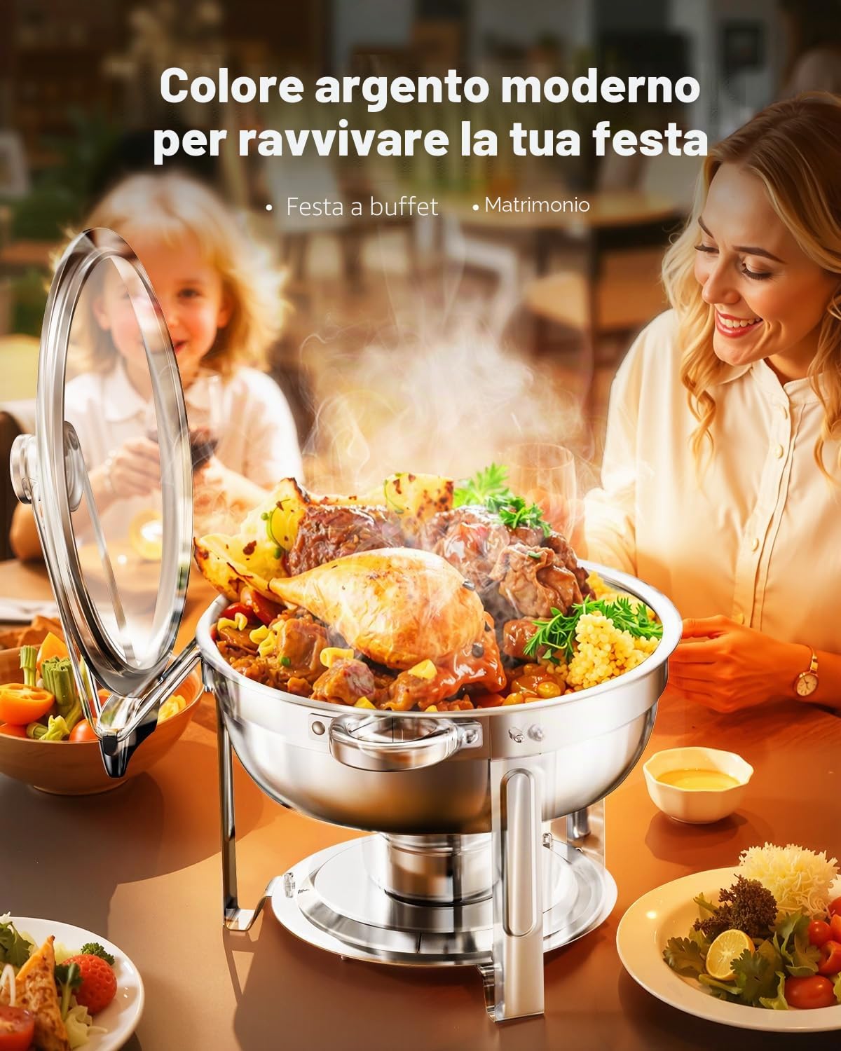 VEVOR Set Scaldavivande a Buffet 4,7 L in Acciaio Inox con 2 Padelle, Distributore Calore Rotondo con Coperchio in Vetro, Vaschetta per l'Acqua e Supporto, per Matrimoni, Feste a Buffet, Argento