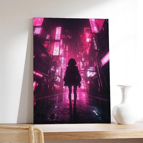 Miniatura 7 de Arte de pared retro de anime Vaporwave - Impresión de paisaje urbano de neón - Póster Cyberpunk Noir para dormitorio o estudio, decoración de pared