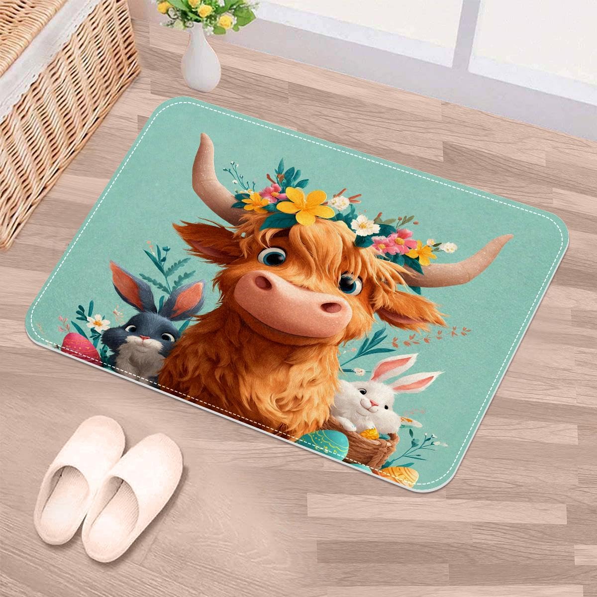 Felpudo de conejo de Pascua con diseño de vaca, alfombra absorbente para la entrada del hogar