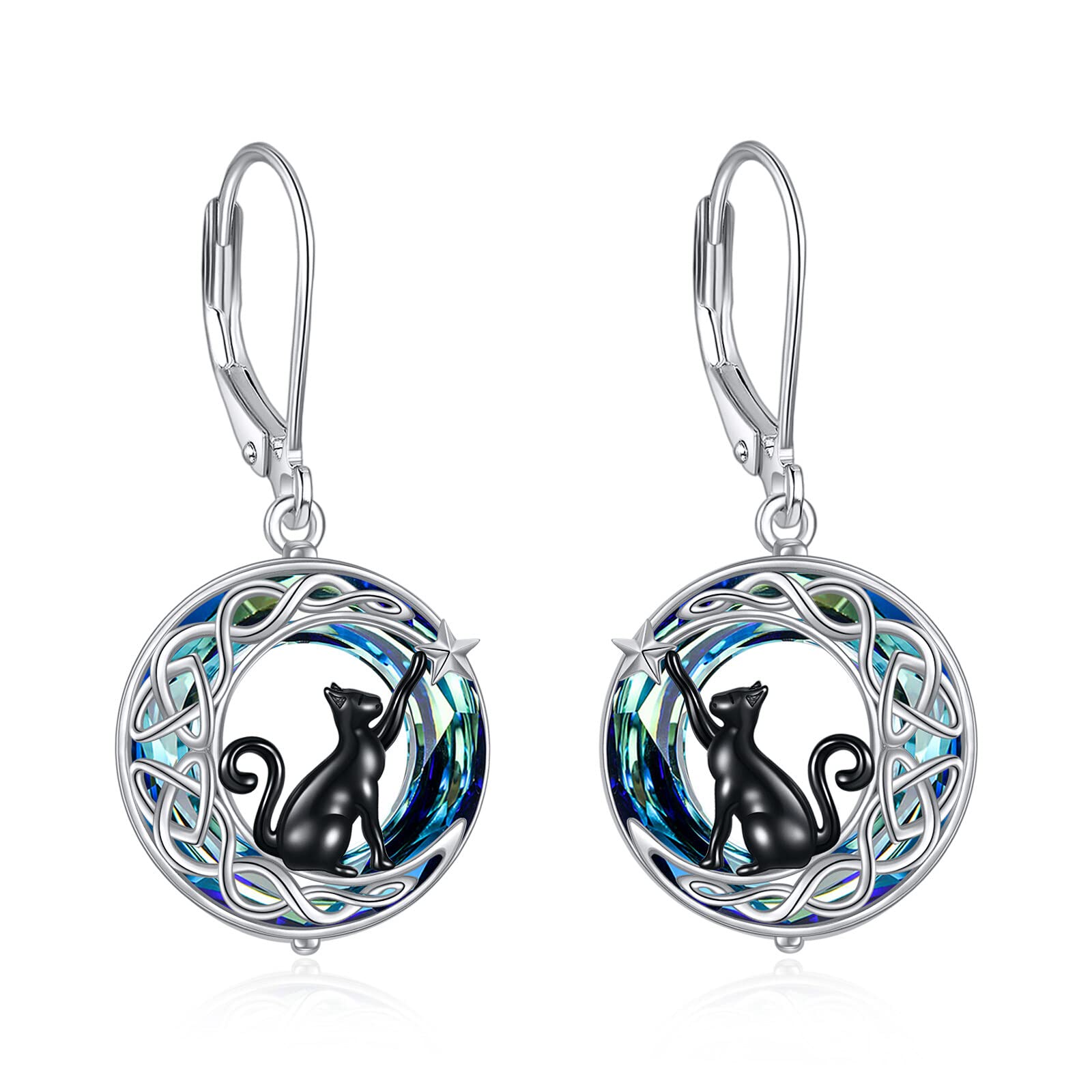 Mond & Katze Ohrringe Aus Sterling Silber – Keltischer Schmuck Mit Kristall, Geschenk Für Damen