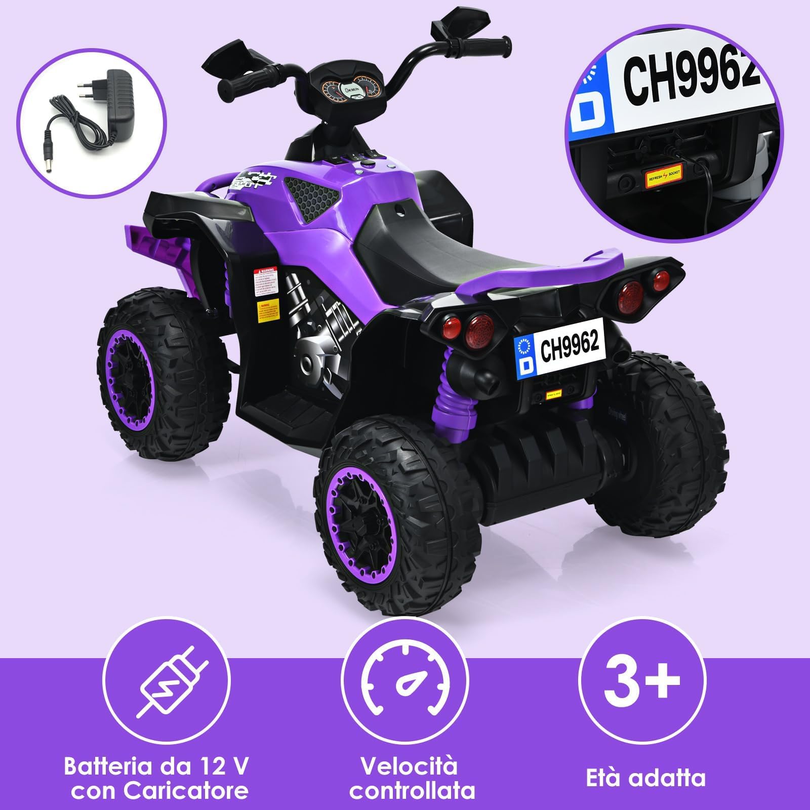GYMAX Quad Elettrico per Bambini da 12 V, Veicolo per Bambini con Fari a LED, Musica e Clacson, 4 Ruote Antiscivolo e Avviamento Lento, per Bambini 3-8 anni, Capacità di Carico fino a 35 kg (Viola)