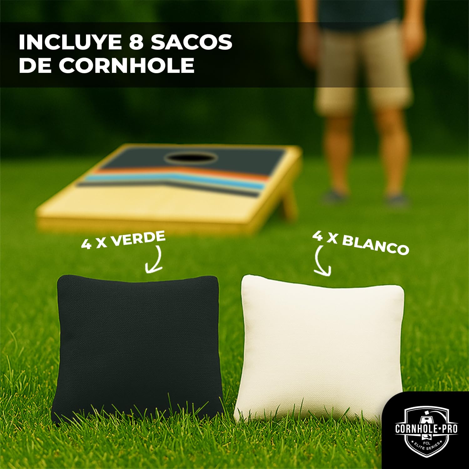 Cornhole Oficial de Madera – 90×60 cm – 2 Tableros + 8 Sacos – Set Completo con Bolsa de Transporte – Juego Exterior para Adultos – Jardín, Playa – Original Corner