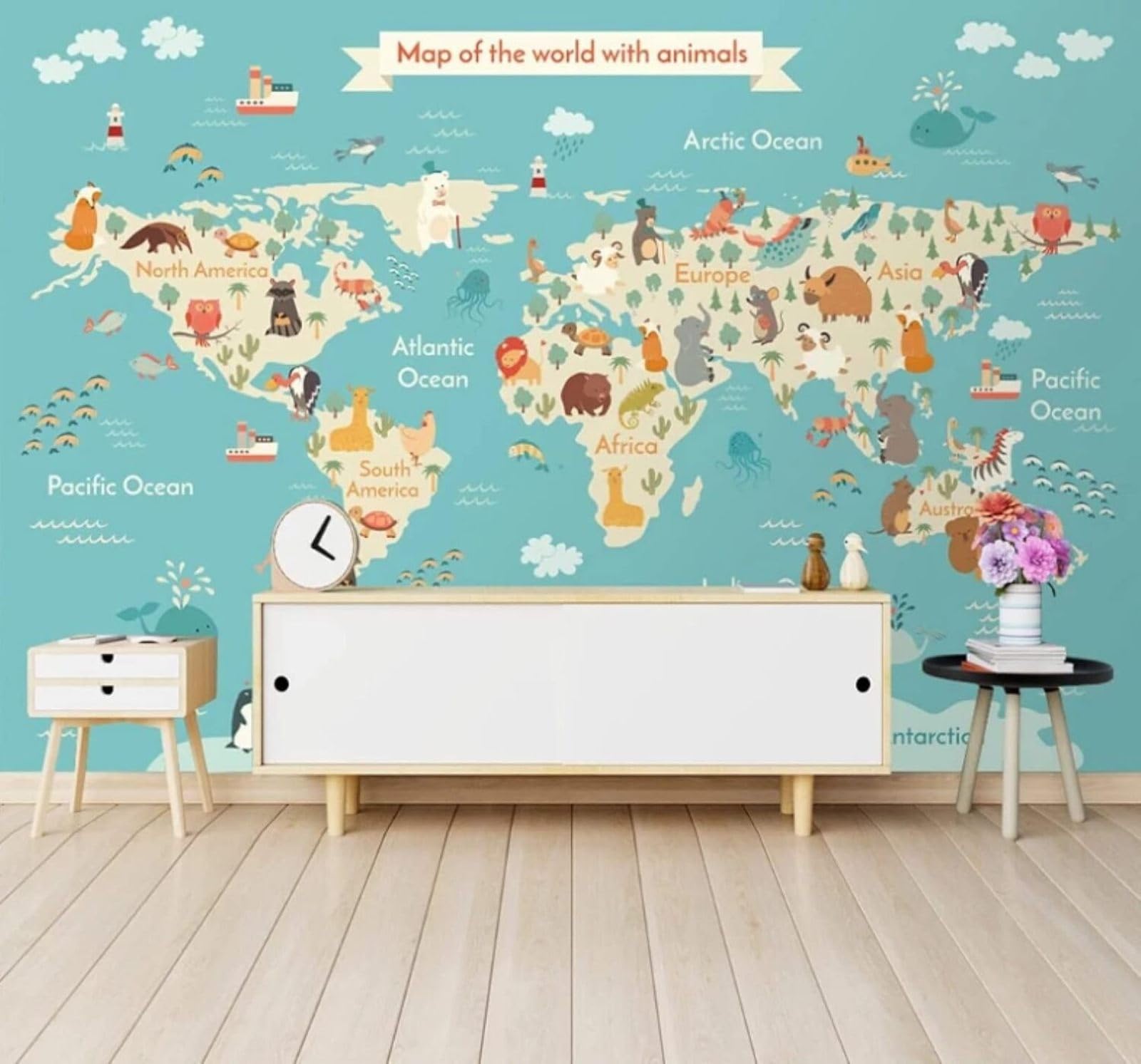 Cartoon Fresh Creative Animals World Map 3D Wallpaper Easy Install Feature Office Living Room Sofa Bedroom TV Background Wall Decoration-350cm×256cm