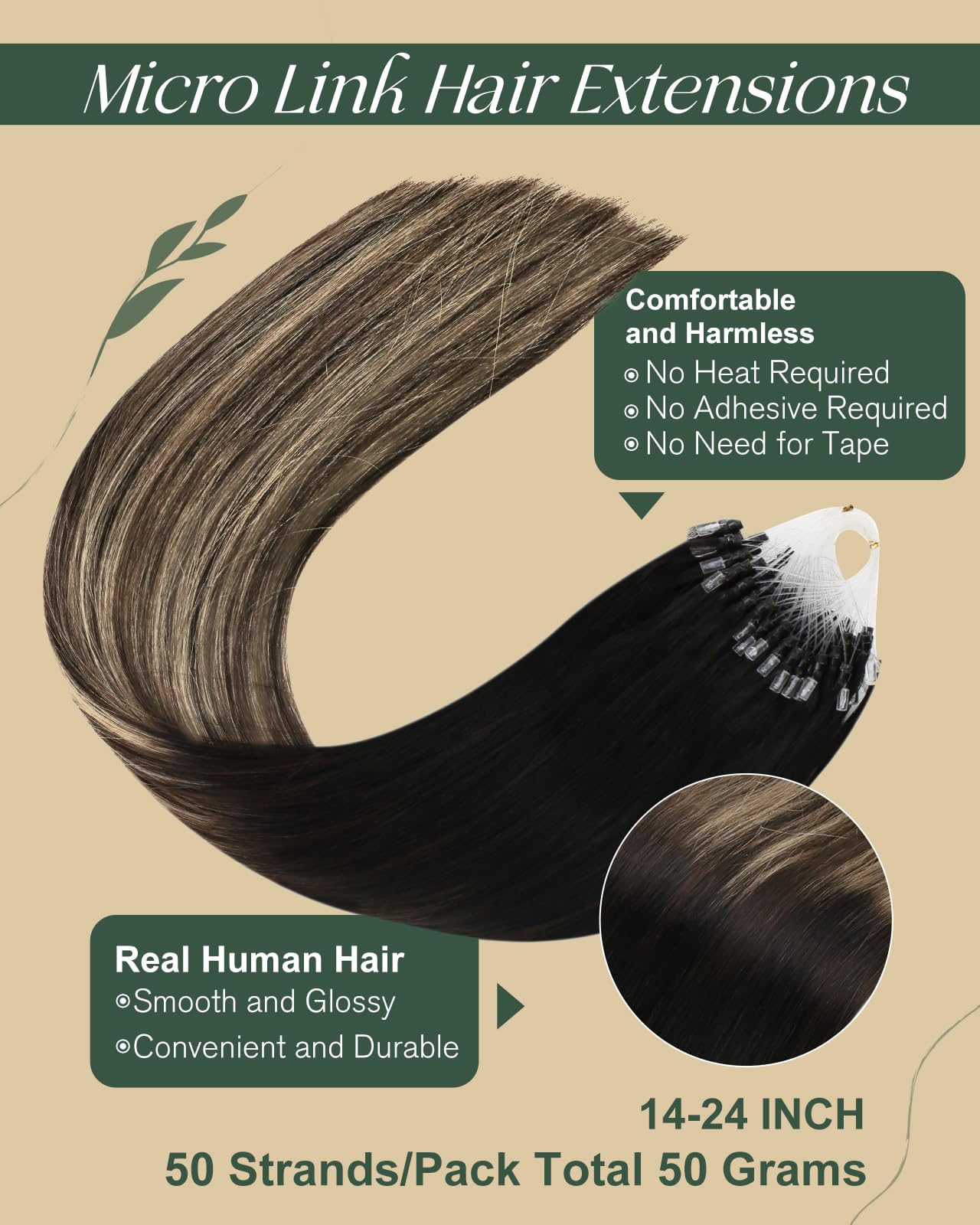 Ugeat Micro Ring Hair Extensions Black Balayage Micro Human Hair Extensions Dark Brown Mix Caramel Brown Ombre 14 Inch Cold Fusion 50G/50S #1B/4/27 - Image 2