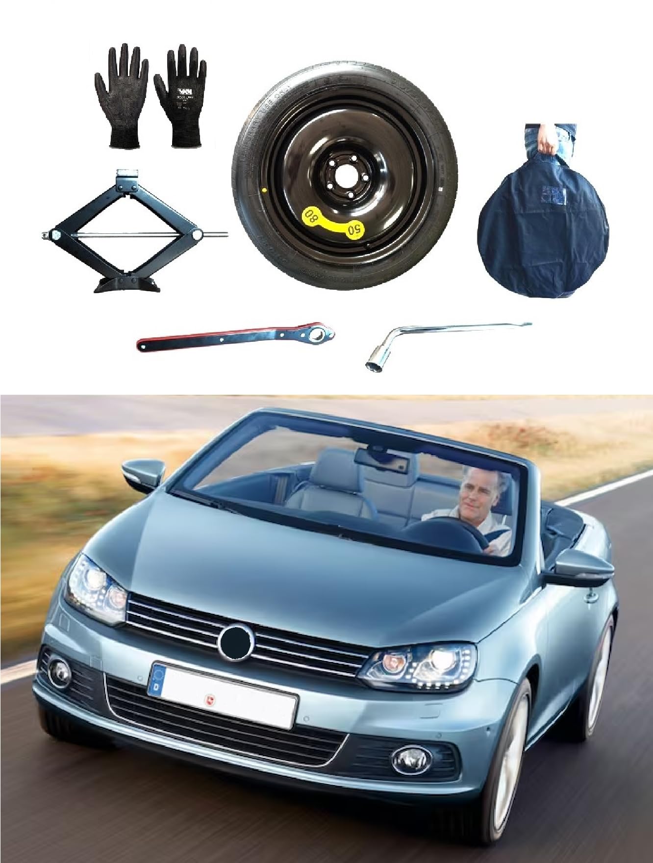 Notrad 17" kompatibel mit Volkswagen EOS mit Wagenheber, Schlüssel, Handschuhe und Tasche