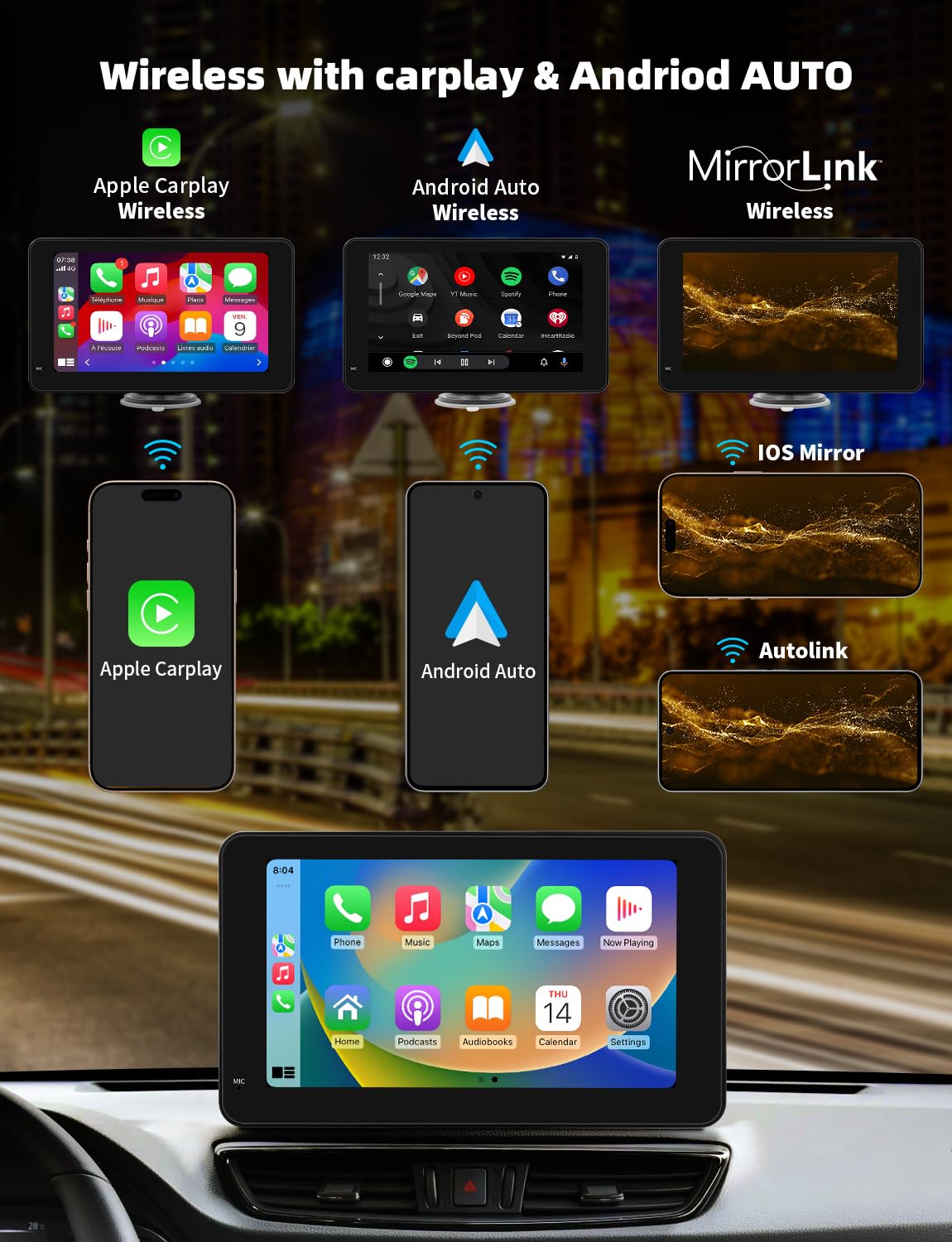 Pantalla 7 Pulgadas CarPlay, Pantalla Android Auto 2025 Mejorada, Pantalla CarPlay Buddy con navegación, Control por Voz, Mirror Link, Pantalla táctil, Reproductor Multimedia para Car Play Coche