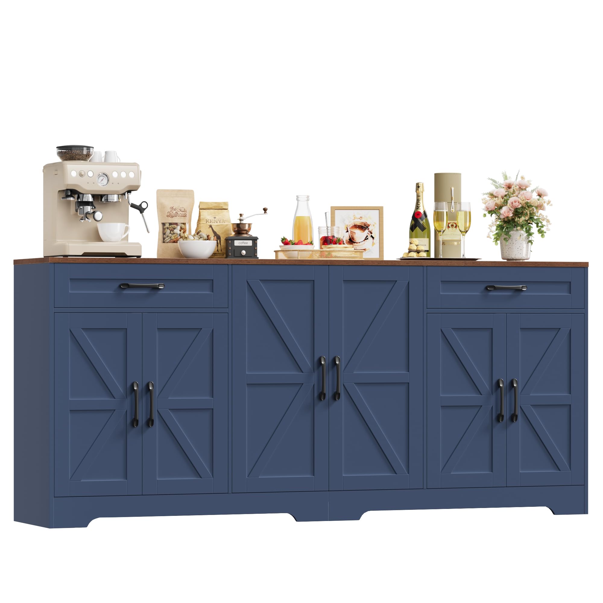 HOCSOK Credenza Cucina, 180 cm Madia Cucina con 8 Scomparti Portaoggetti, Credenza Soggiorno con 2 Cassetti 6 Ante per Sala da Pranzo, Mobile TV, 180×87×34, Blu