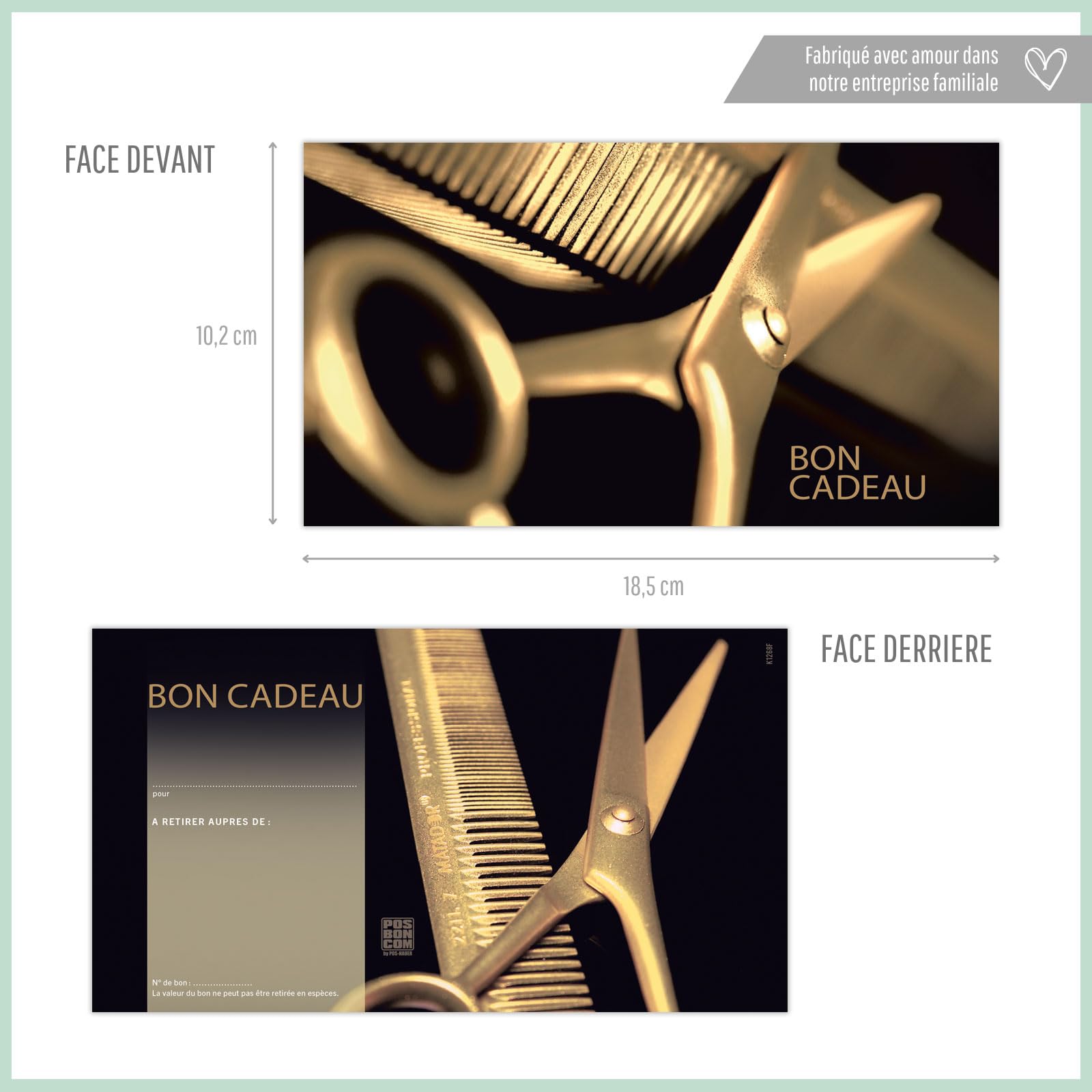 POS BON - 100 bons cadeaux à remplir avec enveloppe/nœud ruban - formulaires imprimés pour des salons de coiffure K1268F-2-100-V1