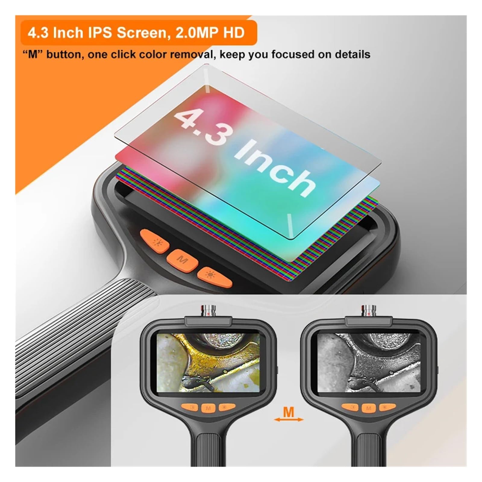 Telecamera for endoscopio portatile, cavo rigido con schermo da 4,3 pollici HD1080P 8MM/5,5MM del tubo con lente laterale anteriore Alta risoluzione(8MM Front Camera,15m)