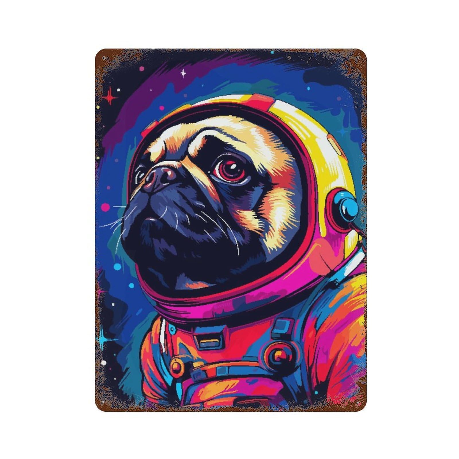 Vintage Rust Metal Sign with Pug Spaceman Pixel Art Design 15.7"x11.8", for Garage, Bar And Workshop Decor, Retro Wall Decor