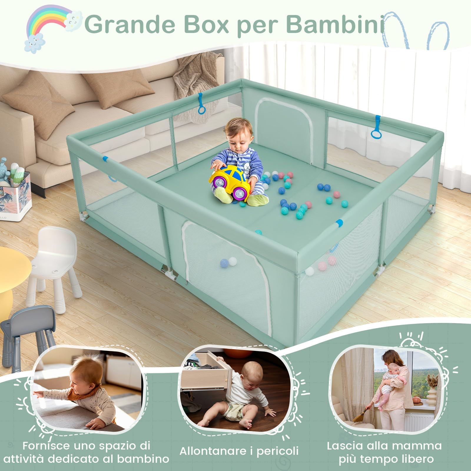 RELAX4LIFE Box Recinto per Bambini, Centro di Attività per Bambini dai 6 Mesi ai 3 Anni (200x180cm, C: 50 Palline+4 Anelli,VERDE)