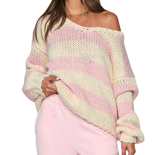 Women Striped Knit Sweaters 2025 Oversized Fall Winter Drop Shoulder Color Block Long Sleeve Loose Fit Pullover Tops - Pink D - Large