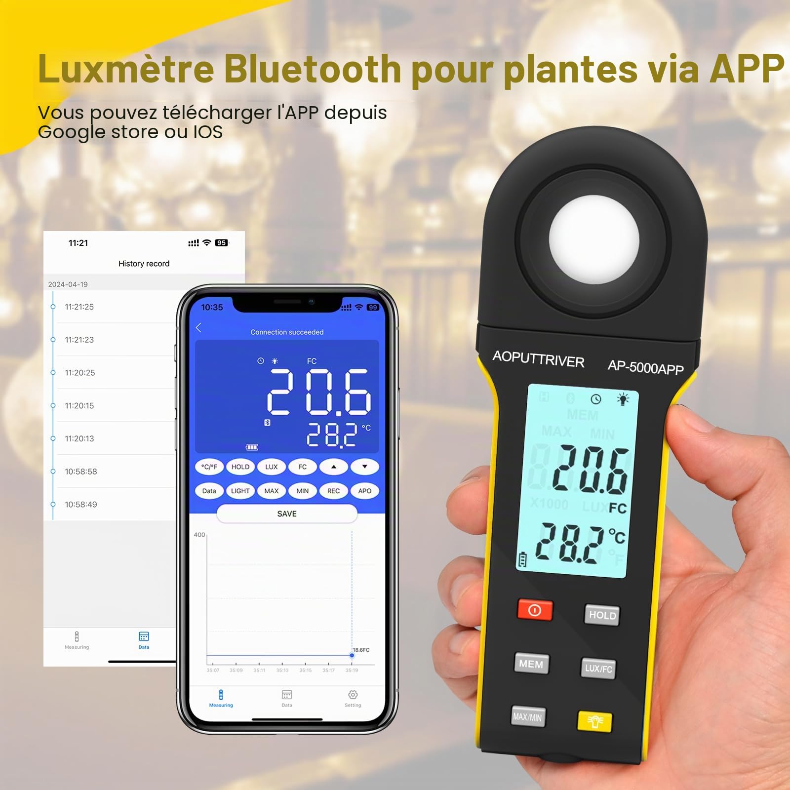 Luxmètre Numérique, Lumen Meter Mesureur de Lumière 0.1~400,000 Lux Foot Candles avec Capteur Rotatif 270º, APP Opération en Un clic, Mesureur de Lumière pour Plantes Film Photographie Lumières LED