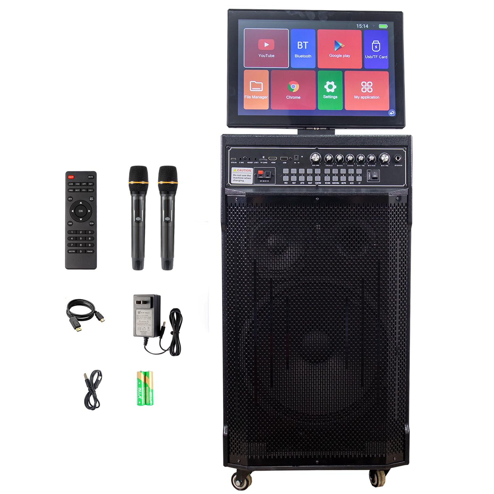 Máquina de Karaoke de 14.4" con Pantalla táctil | Sistema de PA portátil con 2 micrófonos inalámbricos | Altavoz WiFi Bluetooth para Fiesta al Aire Libre en casa |Sistema Android 40-400W