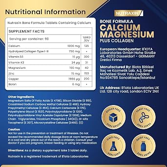 Nutraxin Bone Formula Calcium Magnesium + Collagen – 90 Tablet: Tip I Kolajen, Kalsiyum, D Vitamini, Magnezyum, Çinko & Bakır İçeren Takviye