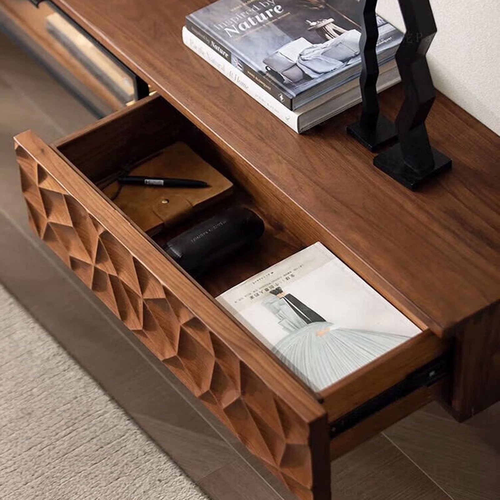 Moderne Wandhalterung, schwimmende TV-Konsole, schwarzes Walnussholz, schwimmendes TV-Regal, 70 Zoll / 78 Zoll, Entertainment-Media-Regal, TV-Wandeinheit mit 2 Schubladen und 1 Tür, für Schlafzimmer,