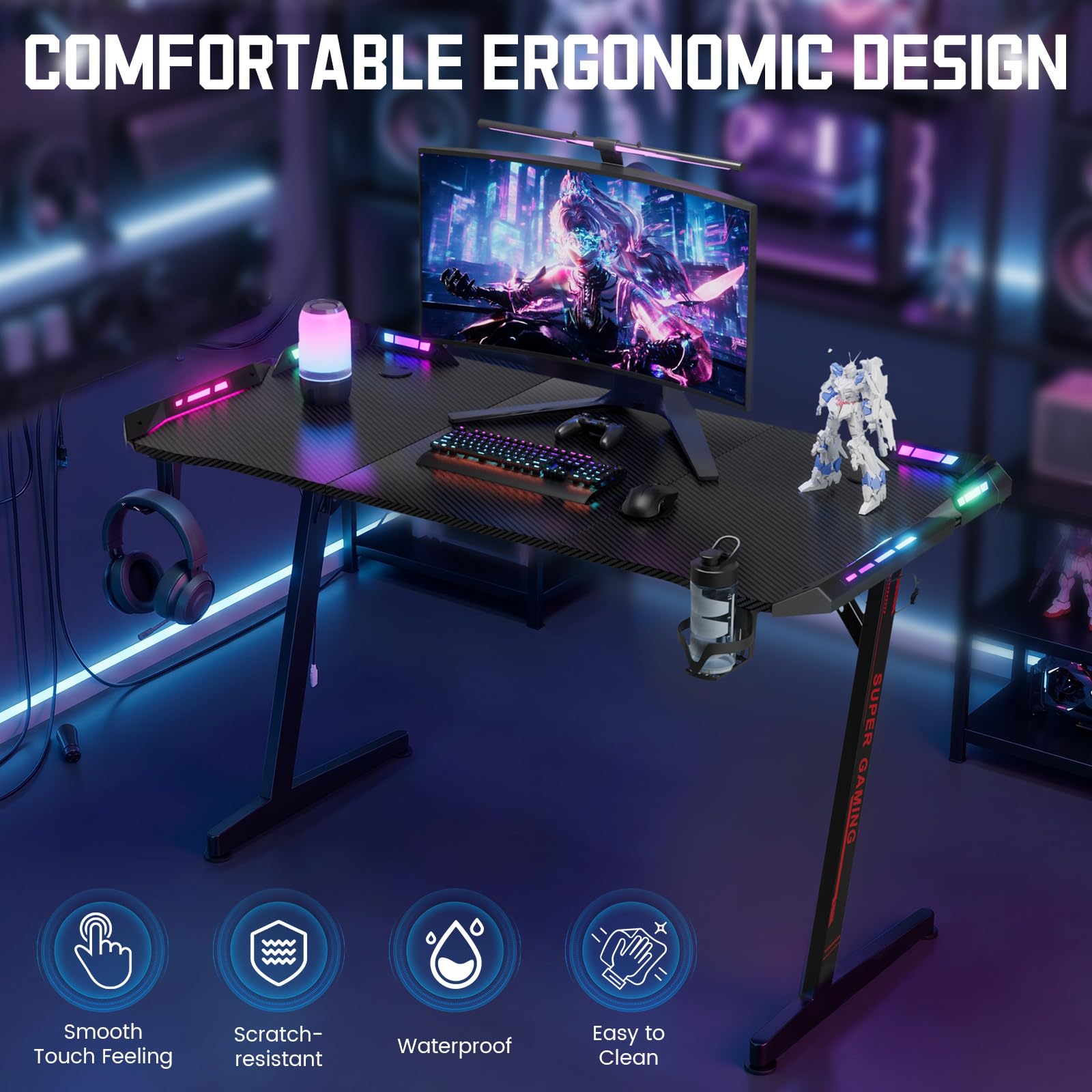 Huracan Gaming Tisch 160cm mit LED RGB Beleuchtung, XXL Gaming Schreibtisch mit Kohlefaser Oberfläche, 10-stufig dimmbar, Stabiler Z-Form PC Tisch Computertisch mit Kopfhörerhaken & Getränkehalter
