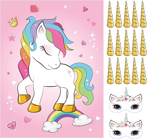 ASTARON Juego de fiesta de cumpleaños Pin The Horn on The Unicorn con 30 cuernos para suministros de fiesta de unicornio, decoraciones de fiesta de