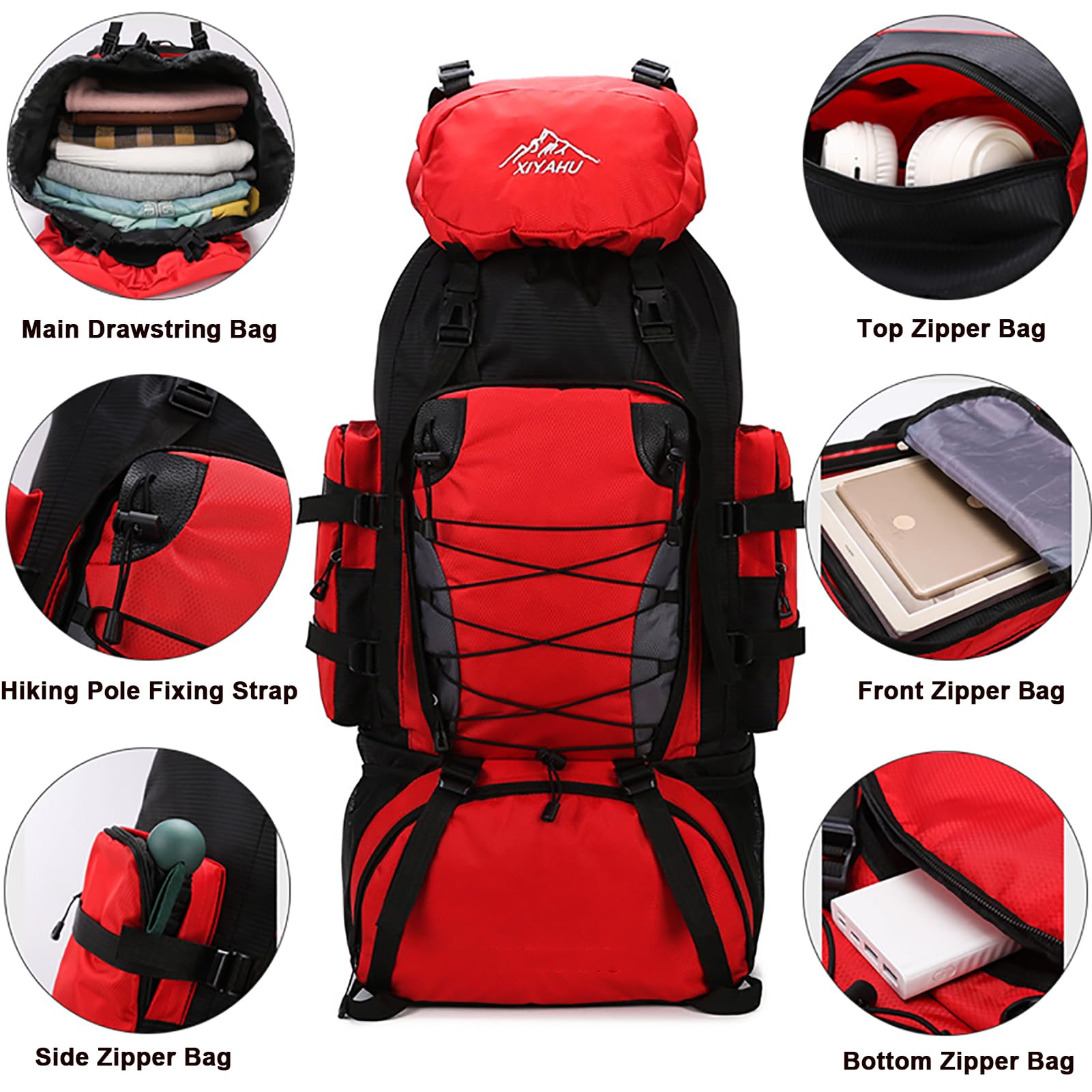 Zaino da Trekking 80L - 90L Impermeabile Zaini da Escursionismo Zaino Viaggi di Campeggio Montagna per Donna e Uomo Zainetto Leggero Zaino per Alpinismo Arrampicata Ciclismo,Rosso