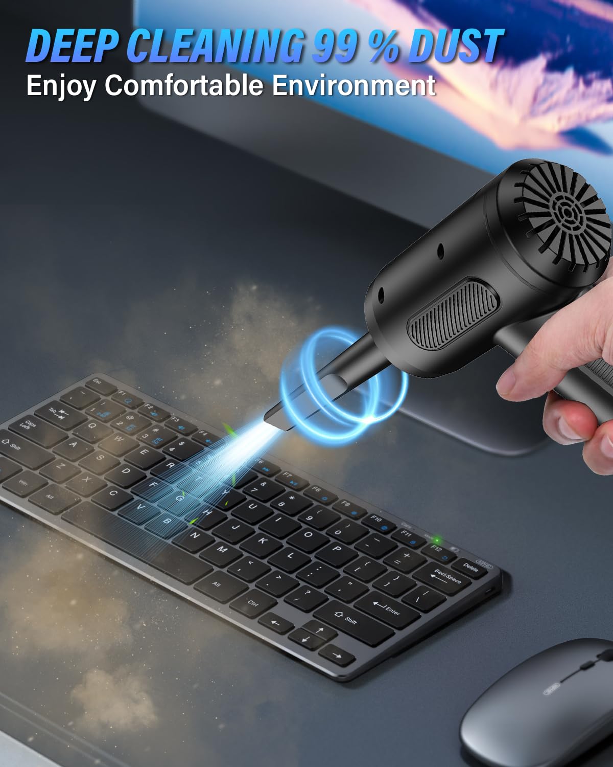 Soufflette Air Comprimé, 3 Vitesses 91 000 tr/min Bombe Air Sec Souffleur PC, Depoussierant Ordinateur Rechargeable par USB Avec Batterie 6000mAh pour Ordinateur Portable, Clavier, Voiture, Canapé