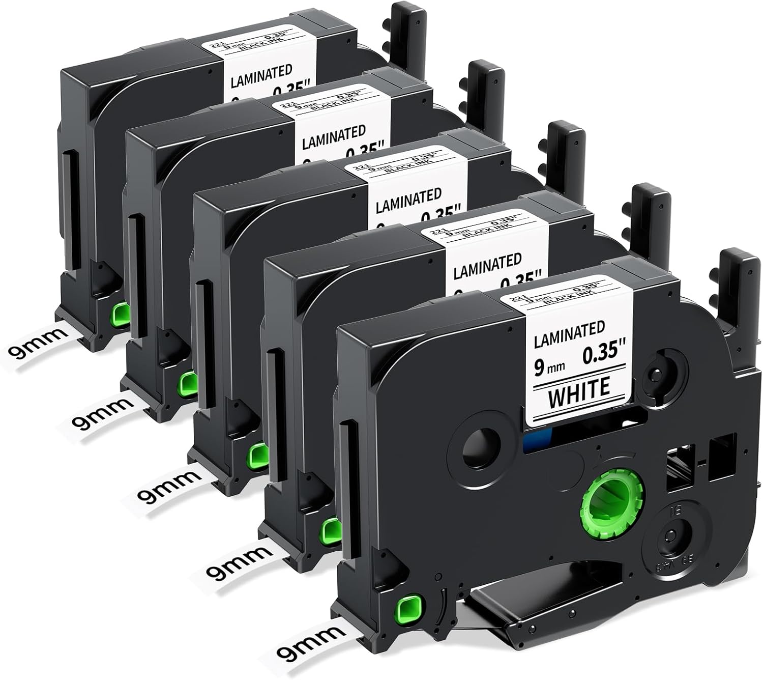 TZe-221 TZe221 TZ Tape 9mm 0.35 Laminated White Compatible with Brother P Touch Label Tape 9mm .35 TZe Label Maker Tape 3/8 for Brother Ptouch PT-D210 PTD220 PT-D200 PT-H110 PTD400, 5-Pack