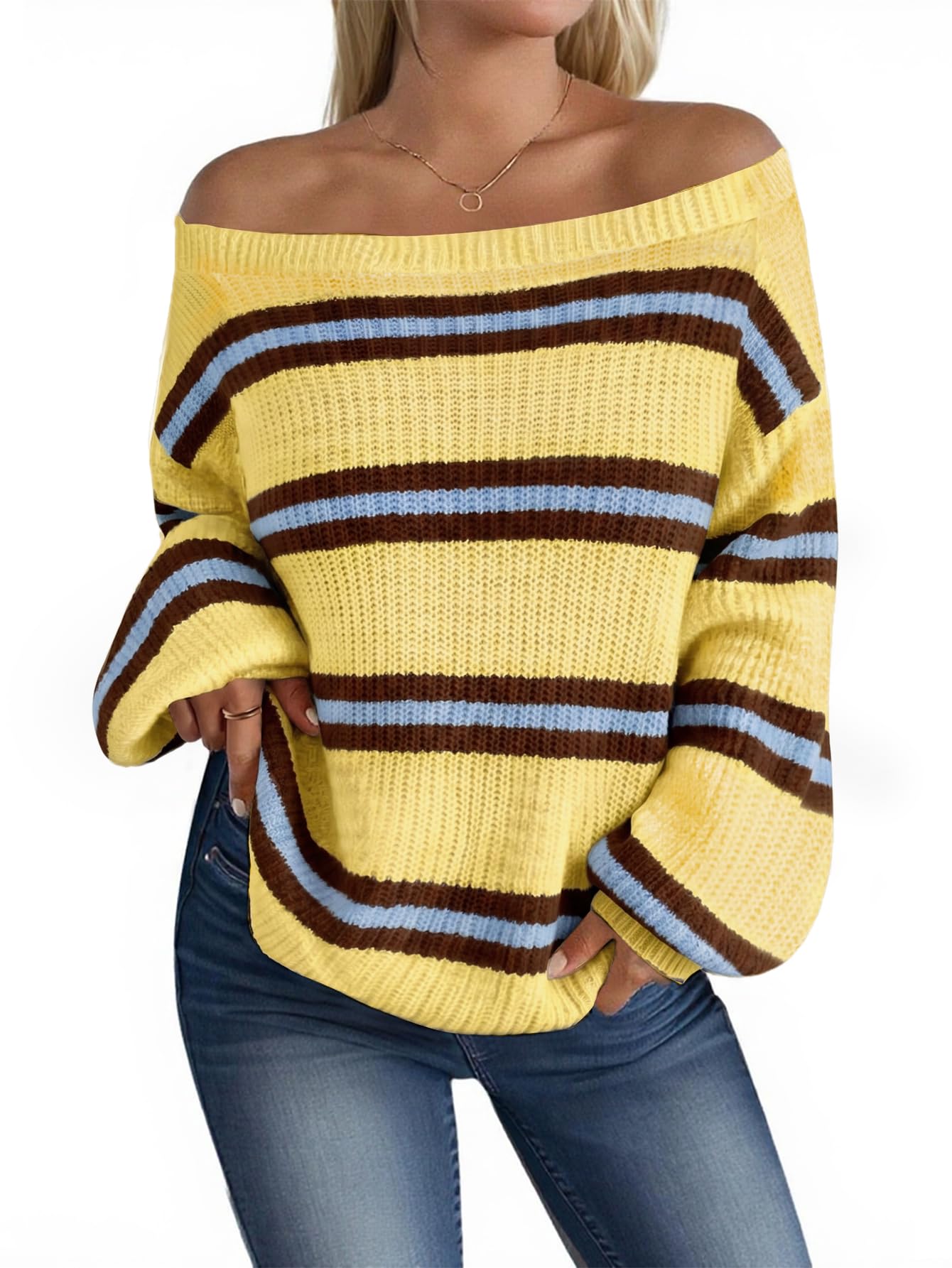 MARZXIN Women's Striped Off the Shoulder Sweaters Cute Oversized Fall Tops