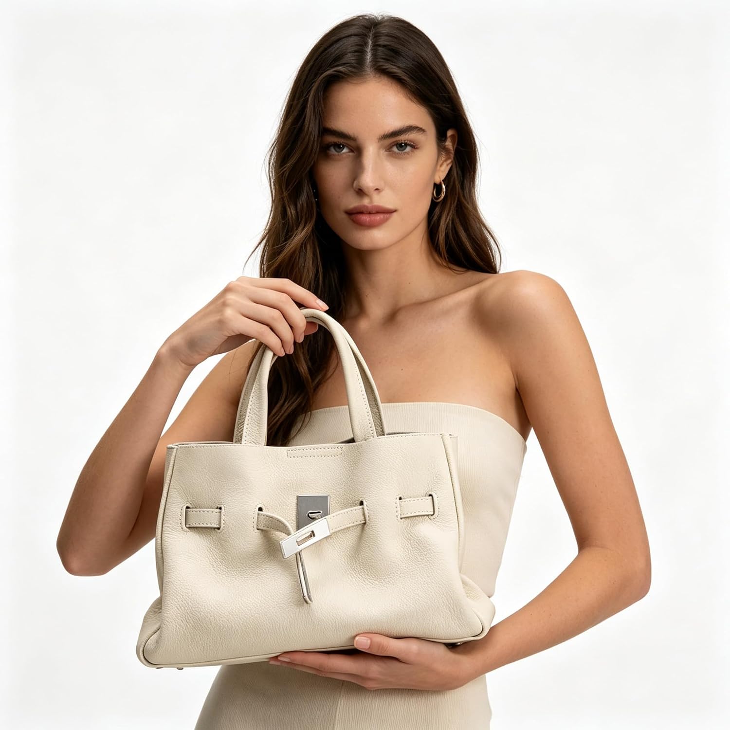 Women Genuine Leather Tote Bag Pebbled Top Handle Handbag with Metal Turn Lock Clasp Large Capacity Shoulder.