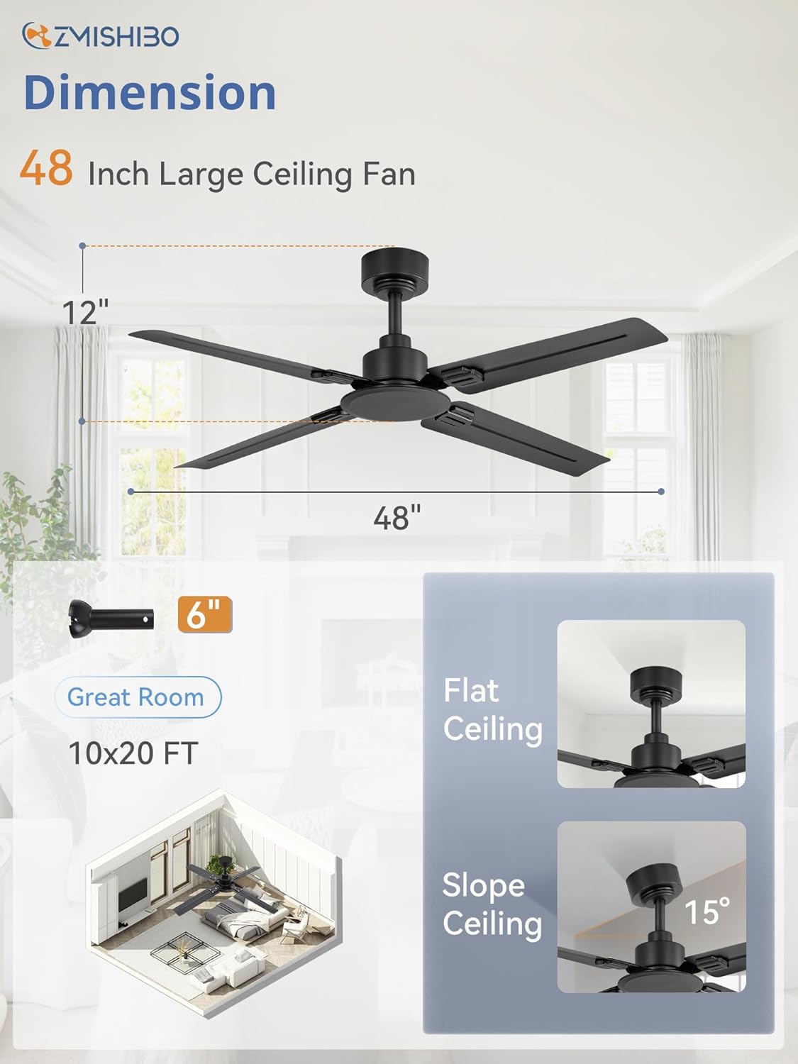 ZMISHIBO 48 Inch Ceiling Fan with Remote No Light, for Outdoor & Indoor Use, Small DC Motor Quiet for Bedroom and Covered Patio Porch Living Room, 6-Speed Reversible, Black (1-Pack) - Image 6
