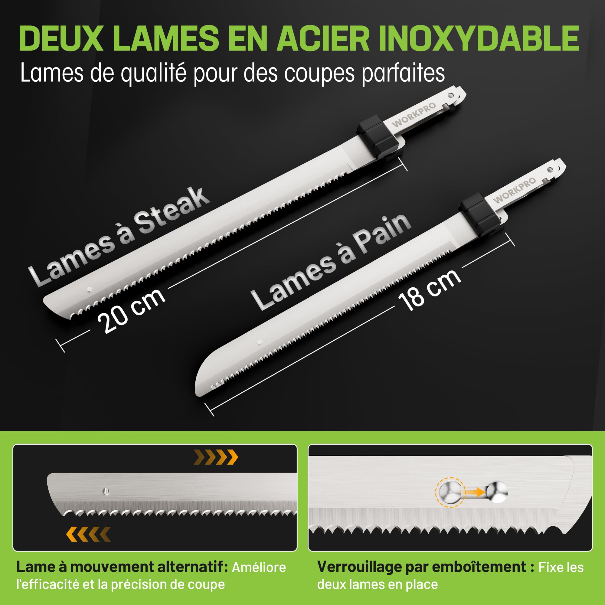 WORKPRO Couteau Électrique Sans Fil 8V, Couteau à Pain Électrique, 2 Lames en Acier Inoxydable, Fourchette, Lavable au Lave-Vaisselle, Idéal pour Couper Viande, Pain, et Plus, Étui Inclus, Blanche