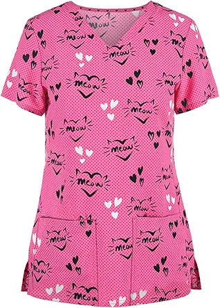 OIOLOYJM Printed Scrub Tops Women Short Sleeve V Neck Plus Size Scrubs for Womens Nursing Uniforms Shirts with Pockets