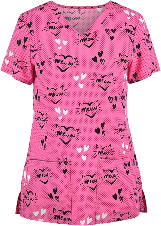OIOLOYJM Printed Scrub Tops Women Short Sleeve V Neck Plus Size Scrubs for Womens Nursing Uniforms Shirts with Pockets