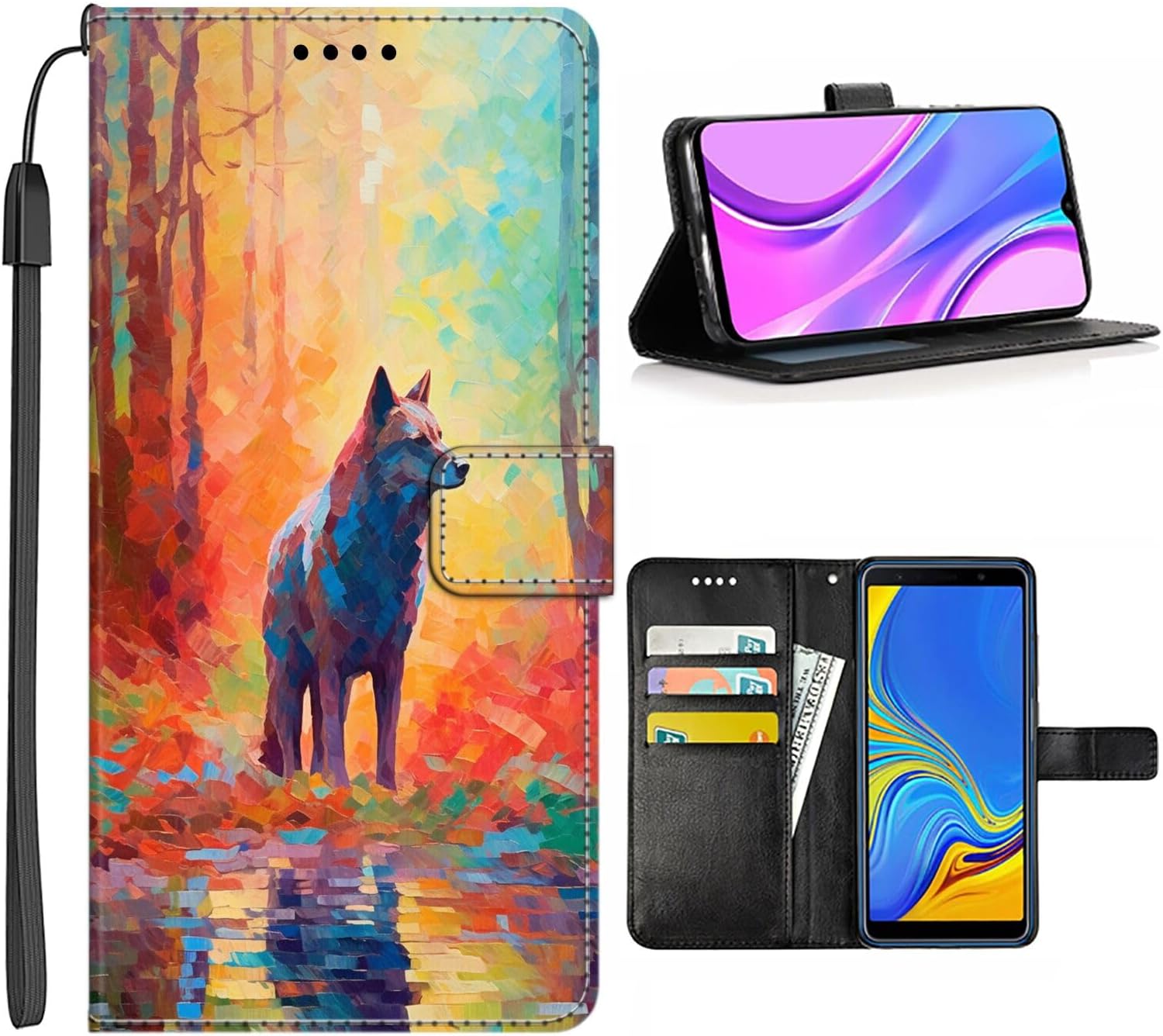 Wallet Case Suitable for Samsung Galaxy A6 with Wolf-aa16 Pattern, Top PU Leather, Kickstand with Wrist Strap Multifunction Smartphone Cellphone Case Folio Pocket Flip Lanyard Multicolor