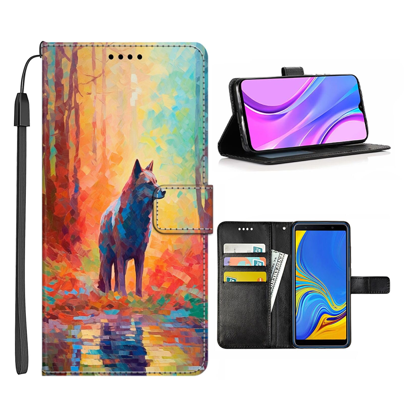 Wallet Case Suitable for Samsung Galaxy A6 with Wolf-aa16 Pattern, Top PU Leather, Kickstand with Wrist Strap Multifunction Smartphone Cellphone Case Folio Pocket Flip Lanyard Multicolor