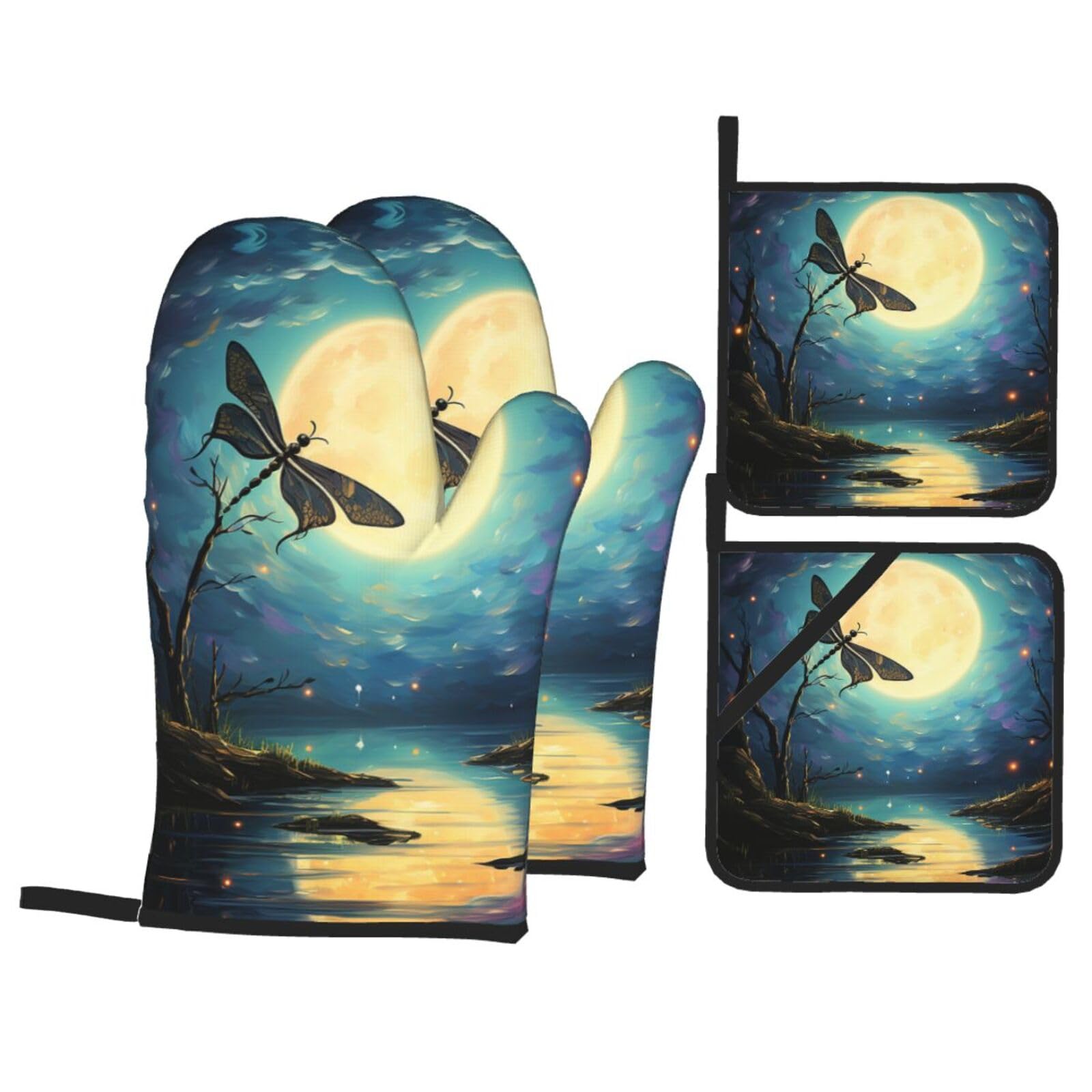 Gants de cuisine et maniques libellule résistants à la chaleur (Lot de 4)