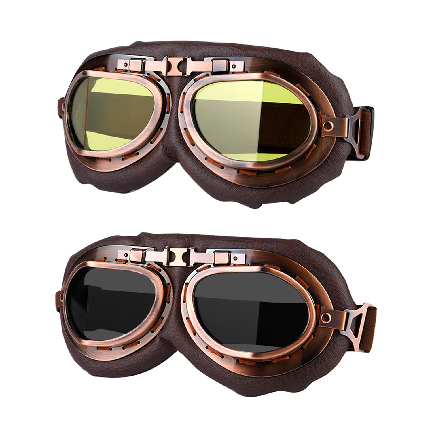 Motorcycle Goggles, 2 Pack Vintage Pilot Style Riding Goggle Burning Man Goggles for Men Women Youth Adult