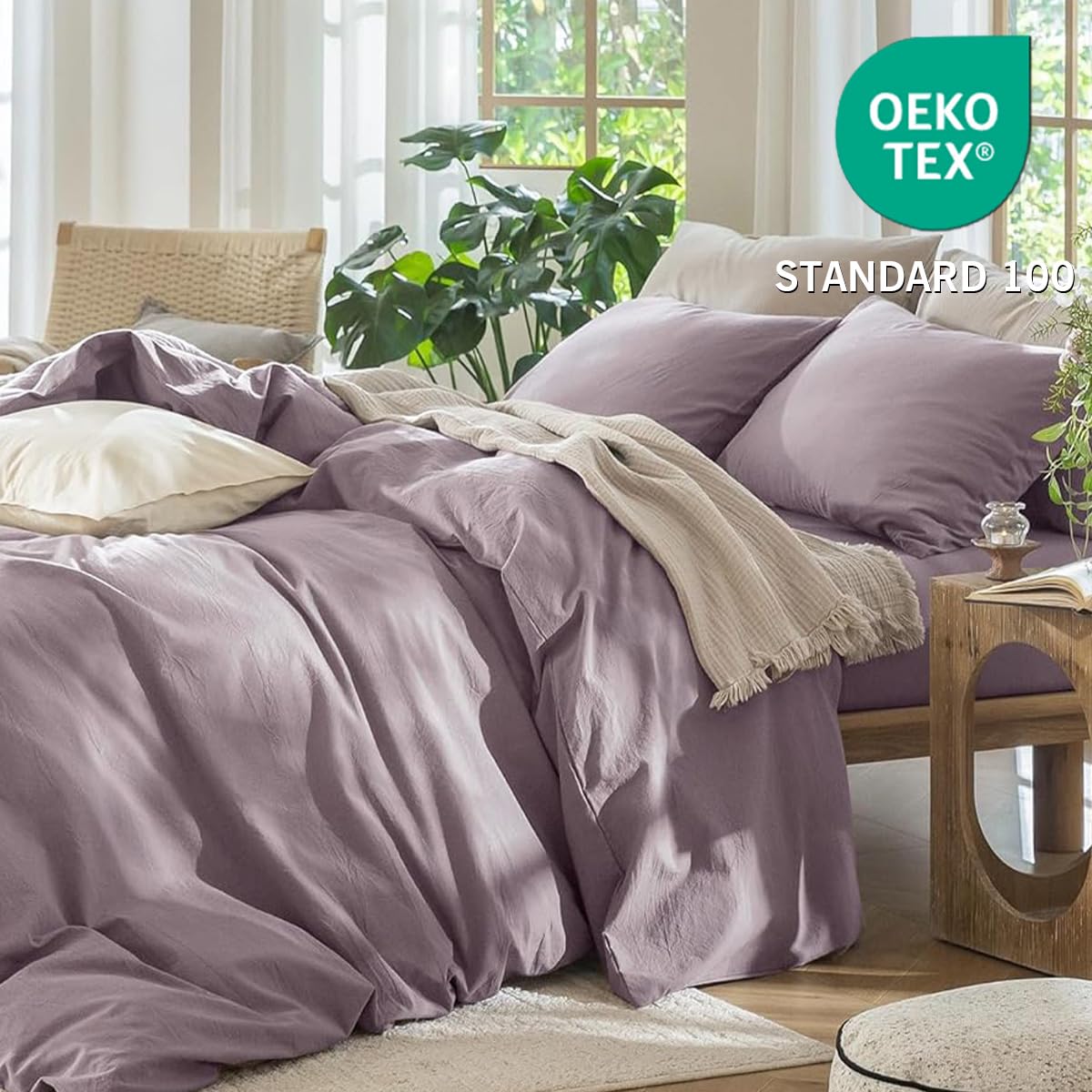 Lanqinglv Pościel 220 x 240 cm, bawełna, zestaw pościeli Taro Purple z motywem Stone Washed, 1 poszwa na kołdrę 220 x 240 cm i 2 poszewki na poduszkę 80 x 80 cm, pościel z zamkiem błyskawicznym