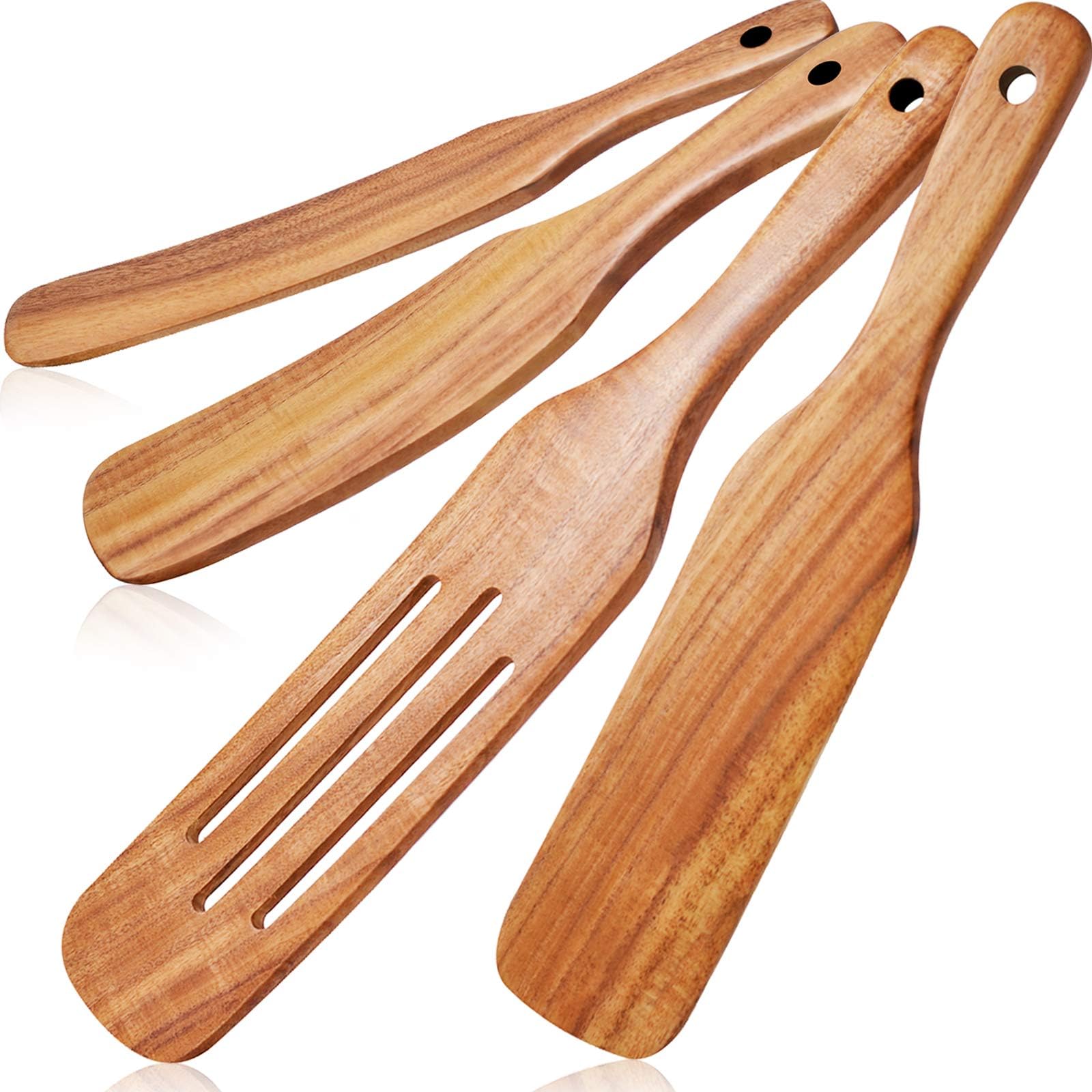 Spurtle Set, Spurtles Kitchen Tools As Seen on Tv, Natural Teak Wooden Spatula Utensils for Cooking, Stirring, Mixing, Serving(4 Pcs)