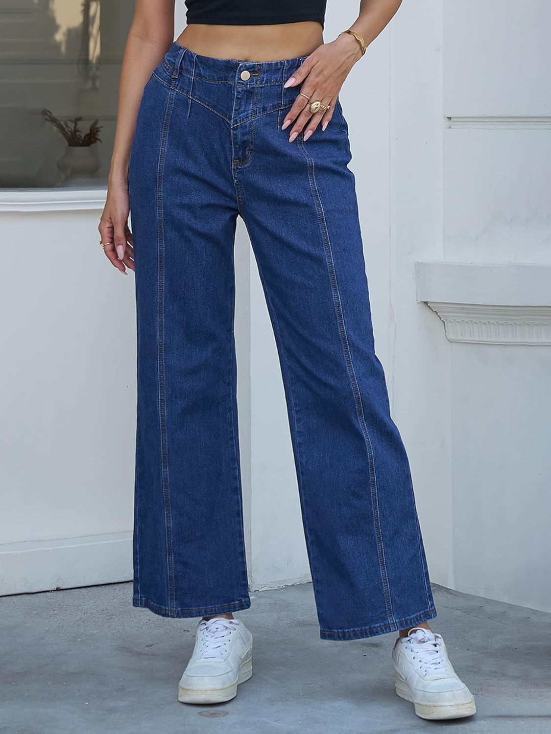 Wide Leg Jeans for Women Trendy High Waisted Straight Leg Stretchy Jeans Seamed Paneling Loose Baggy Denim Pants - Image 3