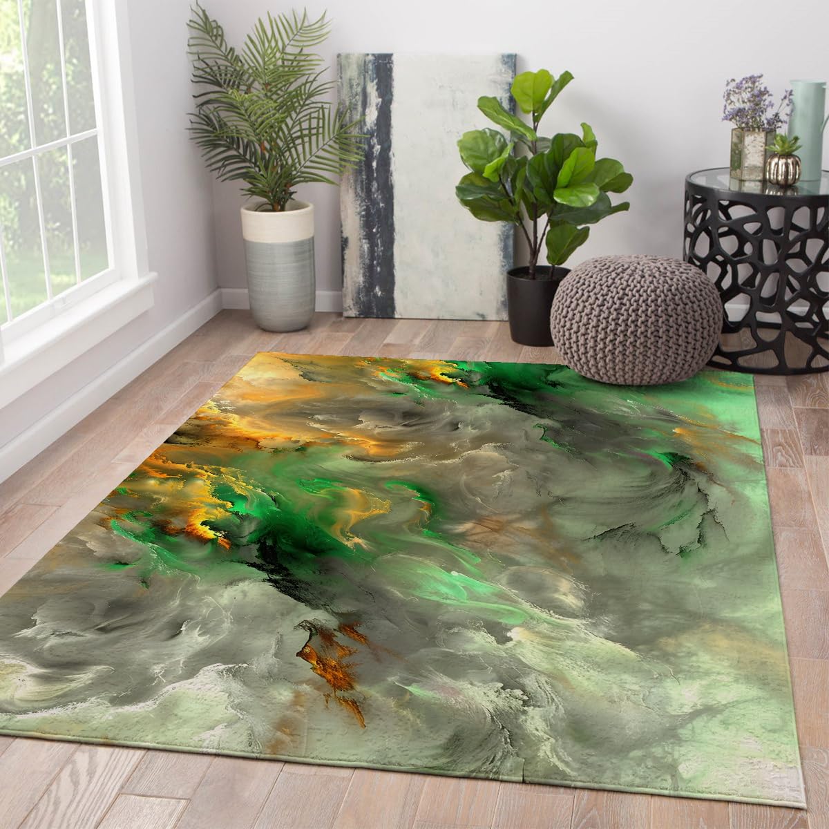 Tapis 120x150 lavable motif marbre vert abstrait pour sol de salon et bureau