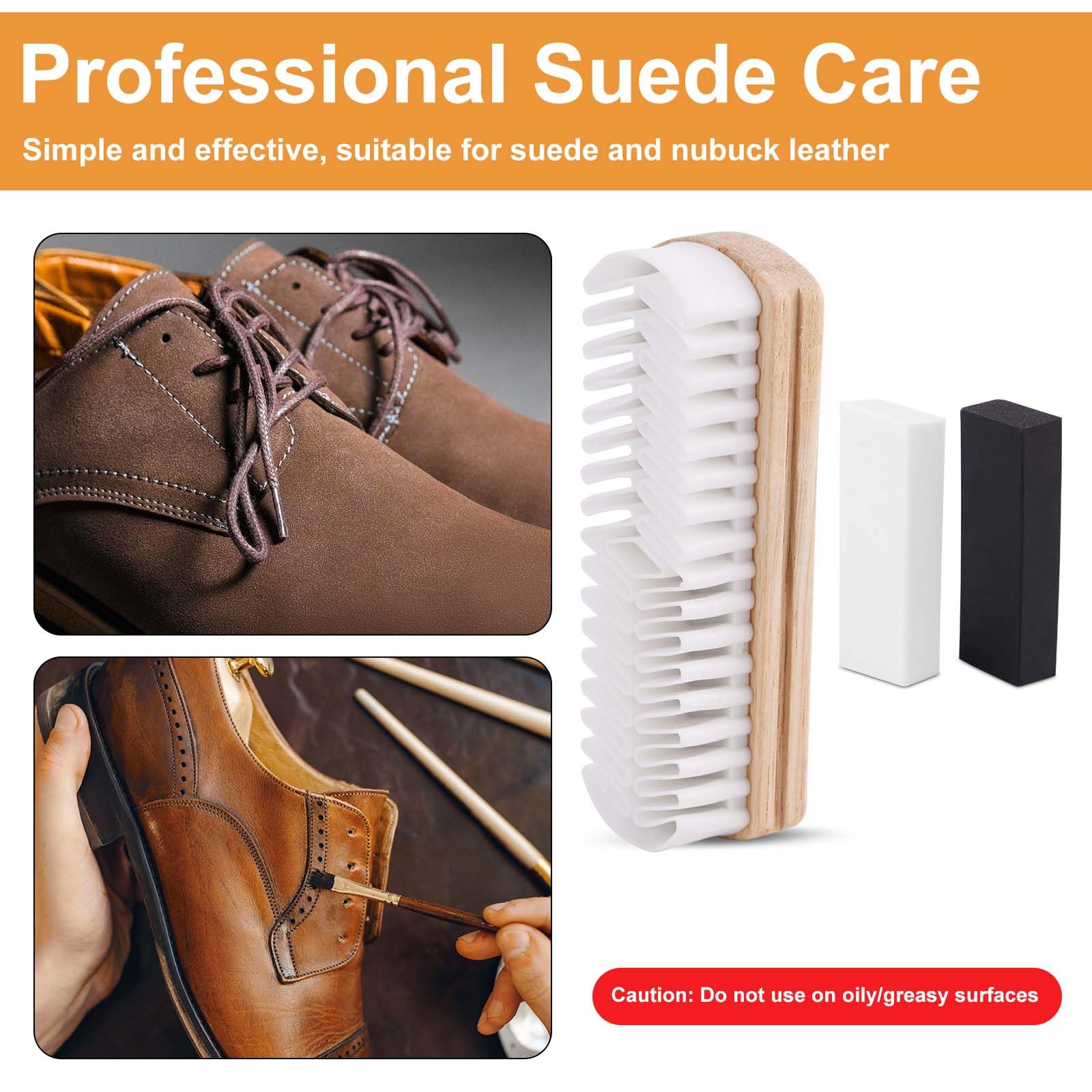 Suede Shoe Brush and 2 Eraser, Suede Rubber Shoe Cleaner with Wooden Handle Cleaning Brush for Boots Bags Jackets Purse Leather - 3