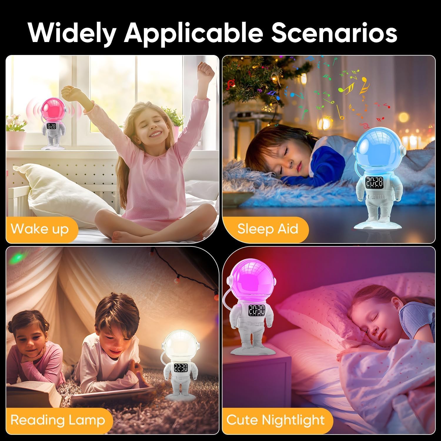 AFEXOA Réveil Enfant, Lampe de Réveil avec 7 Sonneries, Snooze, 21 Sons Apaisants, Minuterie, Enceinte Bluetooth, Lampe de Chevet Multicolore