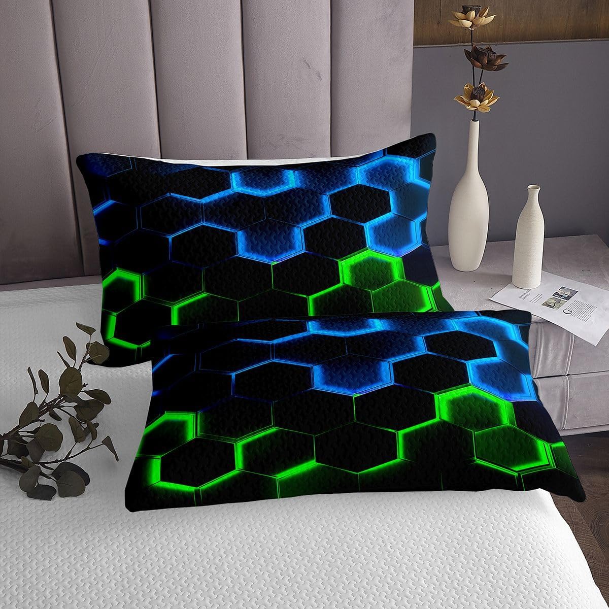 Castle Fairy Honeycomb Bedspread Twin Size,Hexagon Theme with Green Blue Neon Lights Comforter Set,Boys Teen Man Chic Creative Home Bedding Set 2pcs Quilt Set with 1 Pillowcase,Black